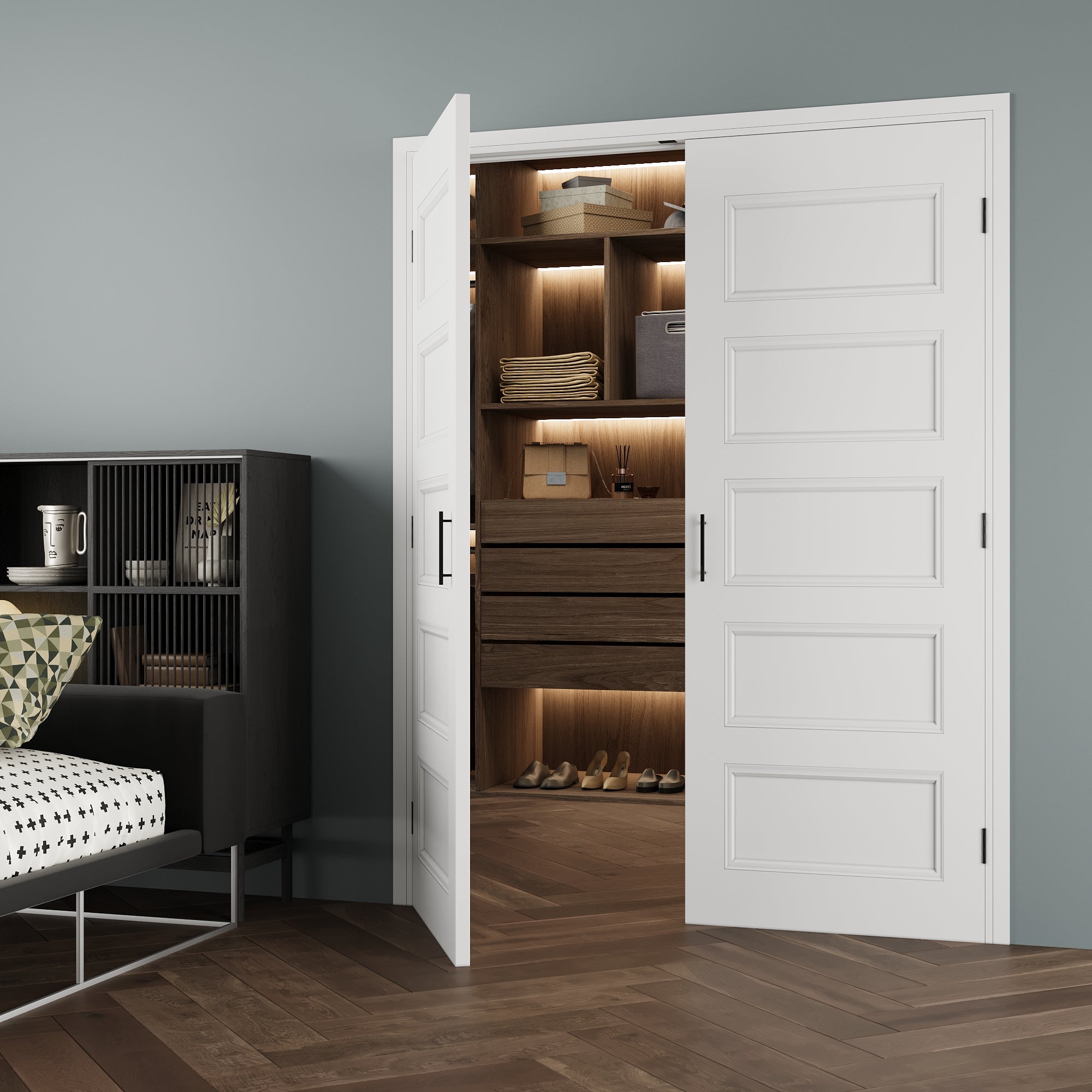 [Black Ball Catch Prehung French Door Collection] 5-Lite Panel Molded White Solid Core Glass French Door Panel Moldeds with Black Ball Catch Ready-to-Assemble Jamb