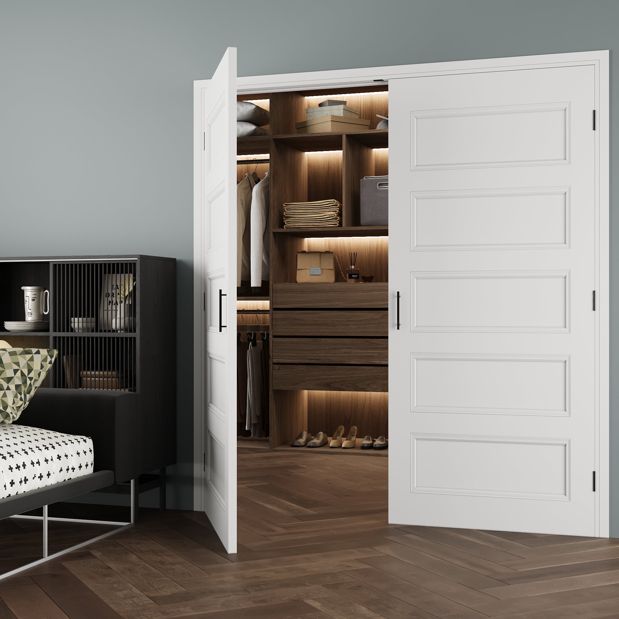 [Black Ball Catch Prehung French Door Collection] 5-Lite Panel Molded White Solid Core Glass French Door Panel Moldeds with Black Ball Catch Ready-to-Assemble Jamb