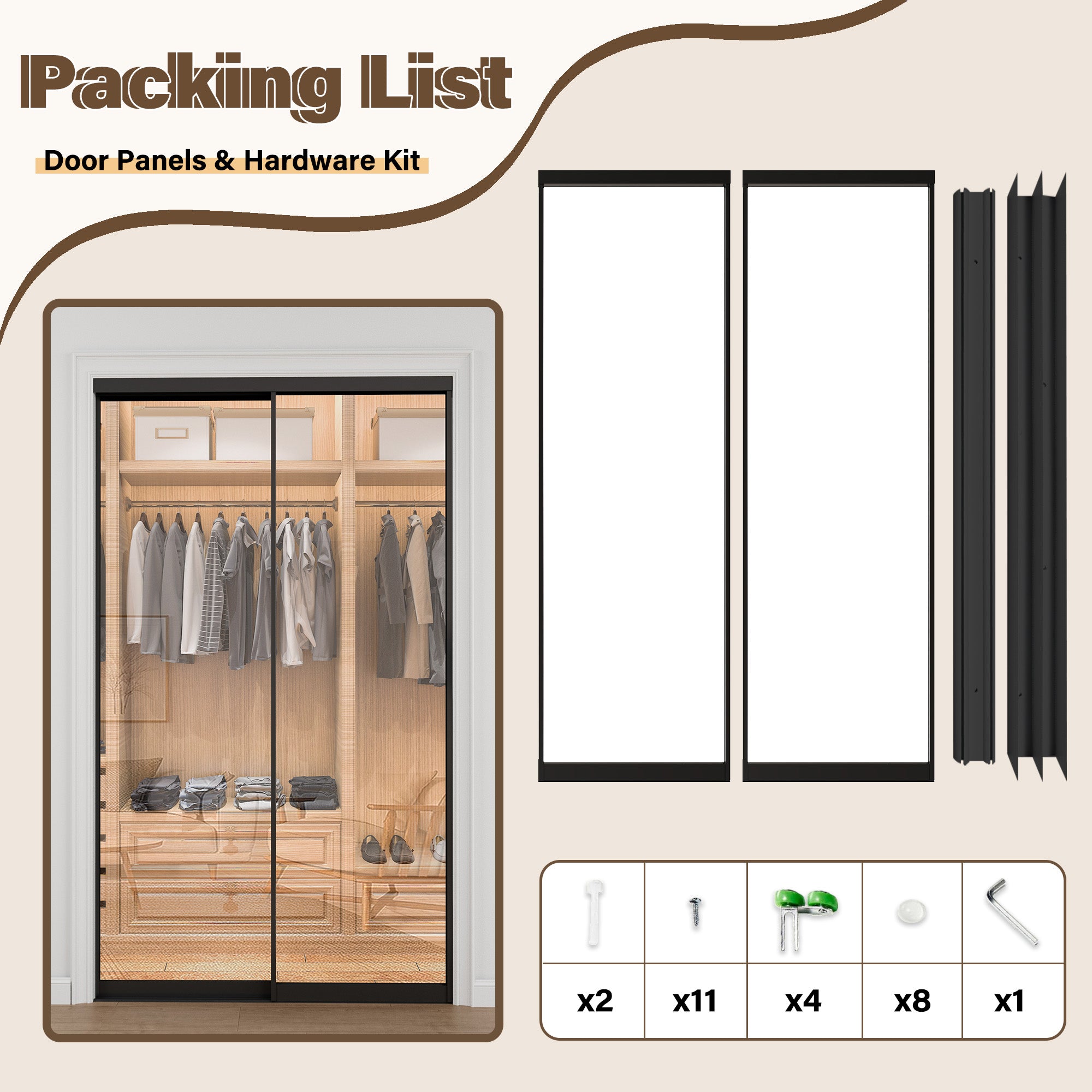 Ark Design 1-Lite Tempered Clear Glass Bypass Sliding Closet Door with Hardware Kit,Black Aluminum Frame