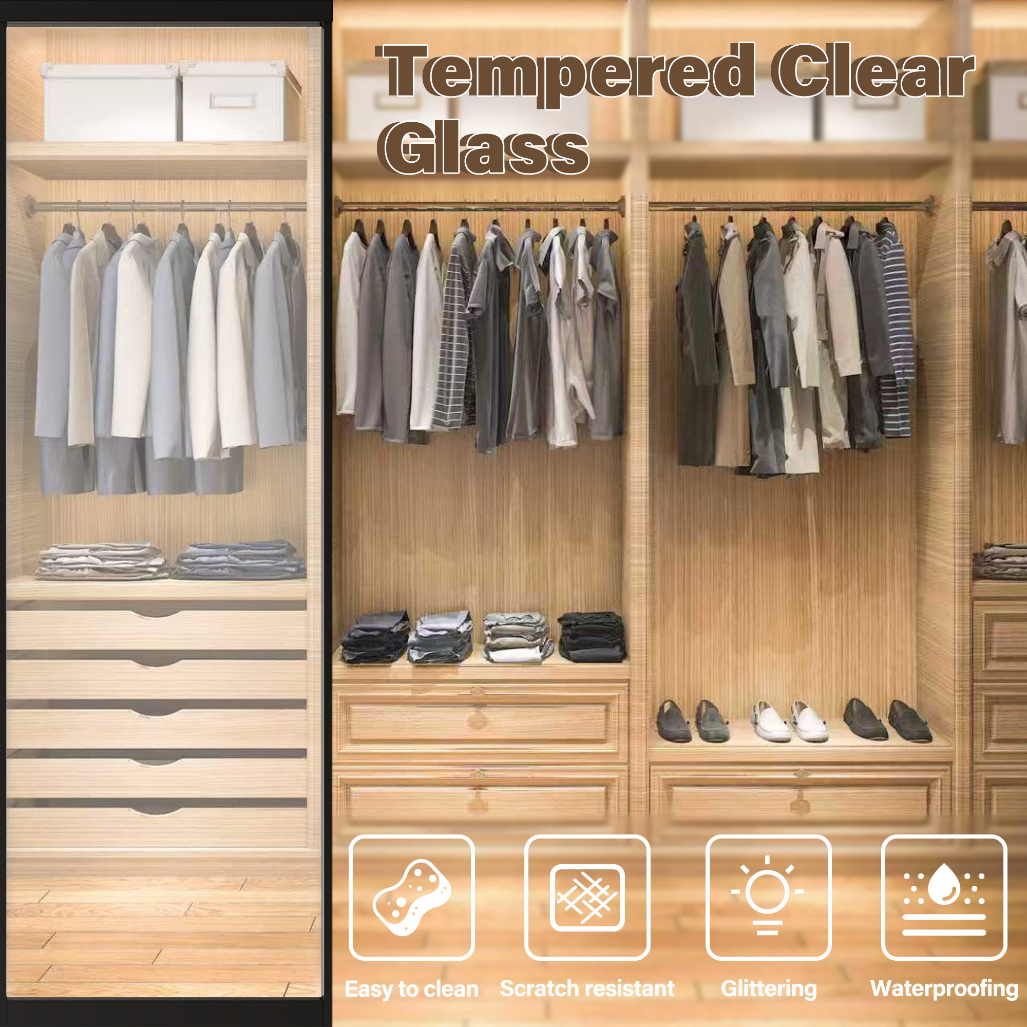 Ark Design 1-Lite Tempered Clear Glass Bypass Sliding Closet Door with Hardware Kit,Black Aluminum Frame