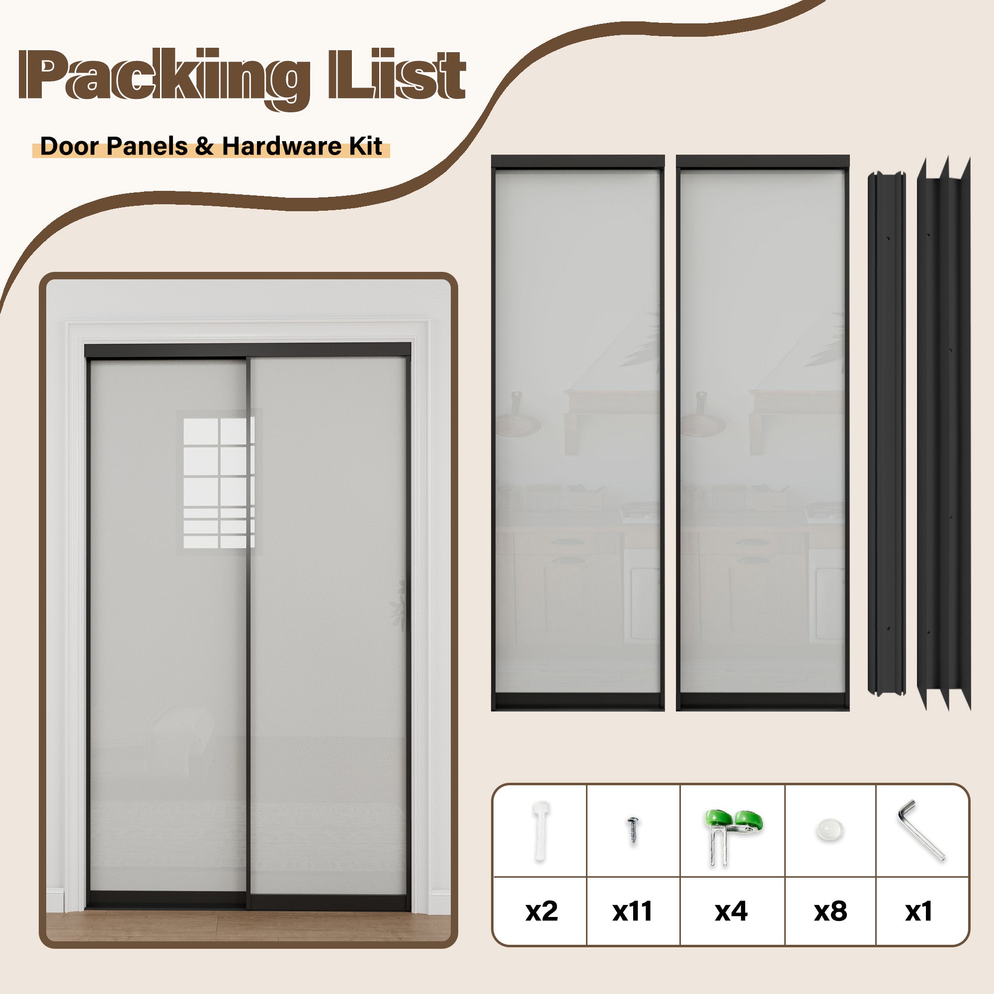 Ark Design 1-Lite Tempered Frosted Glass Bypass Sliding Closet Door with Hardware Kit,Black Aluminum Frame