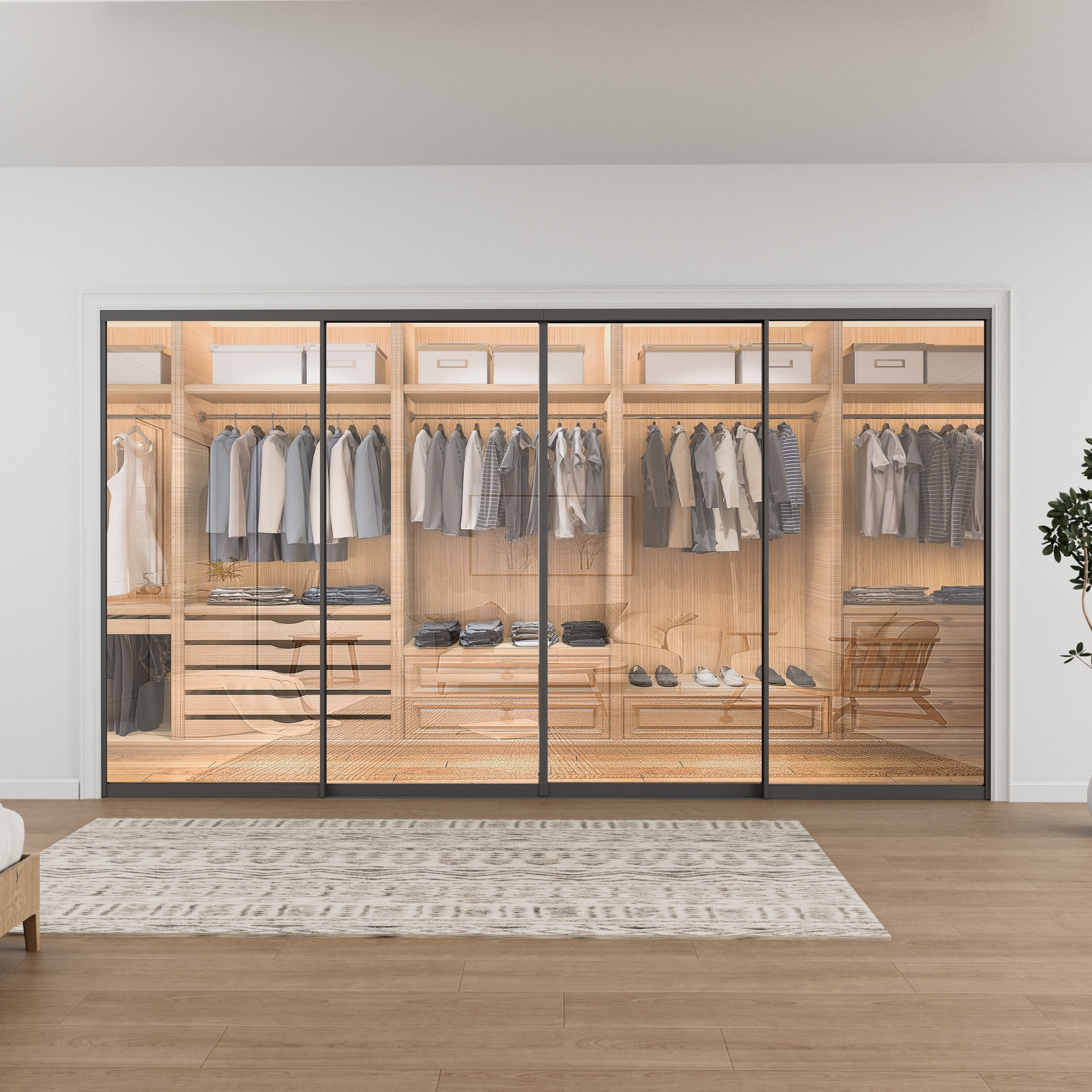 Ark Design 1-Lite Tempered Clear Glass Bypass Sliding Closet Door with Hardware Kit,Black Aluminum Frame