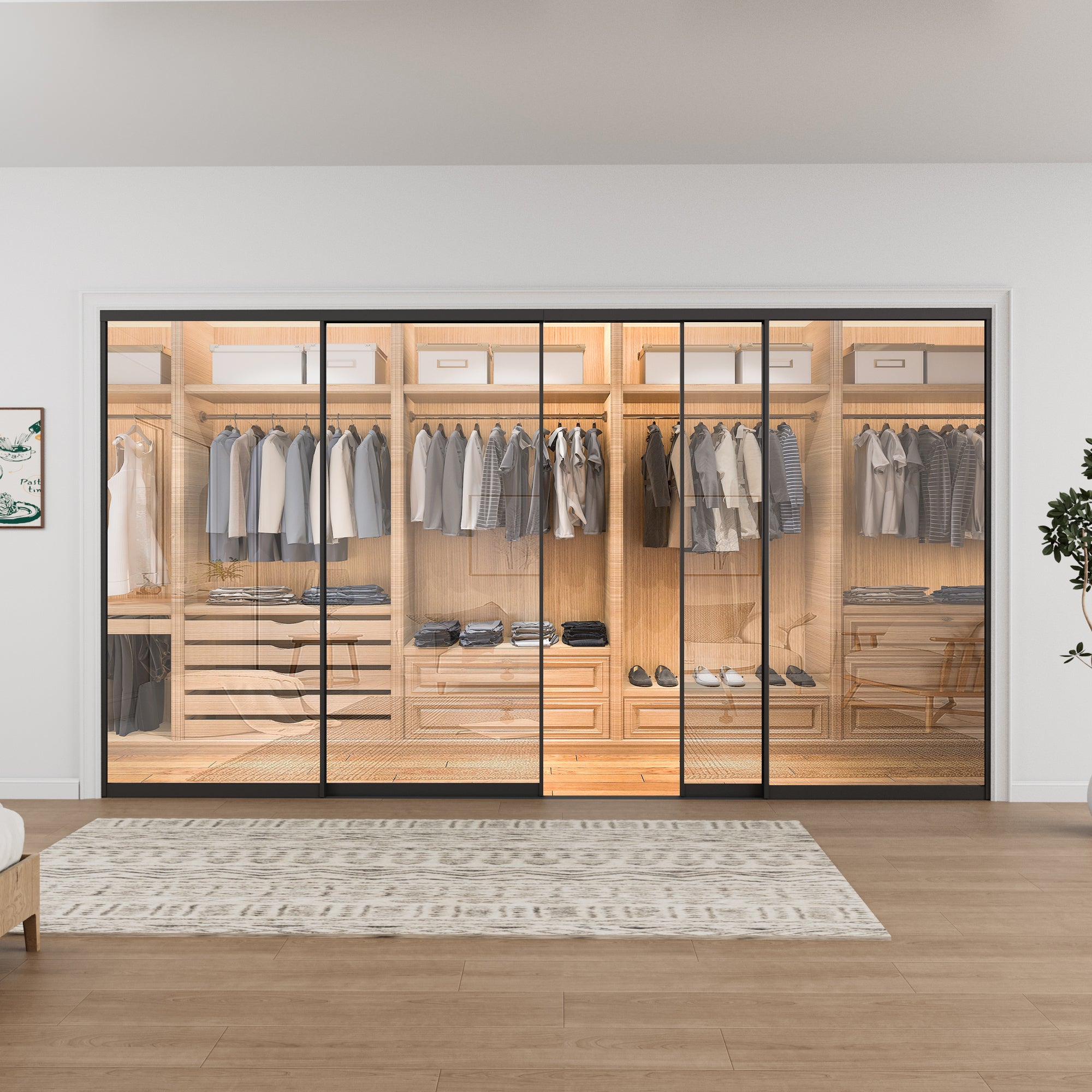 Ark Design 1-Lite Tempered Clear Glass Bypass Sliding Closet Door with Hardware Kit,Black Aluminum Frame