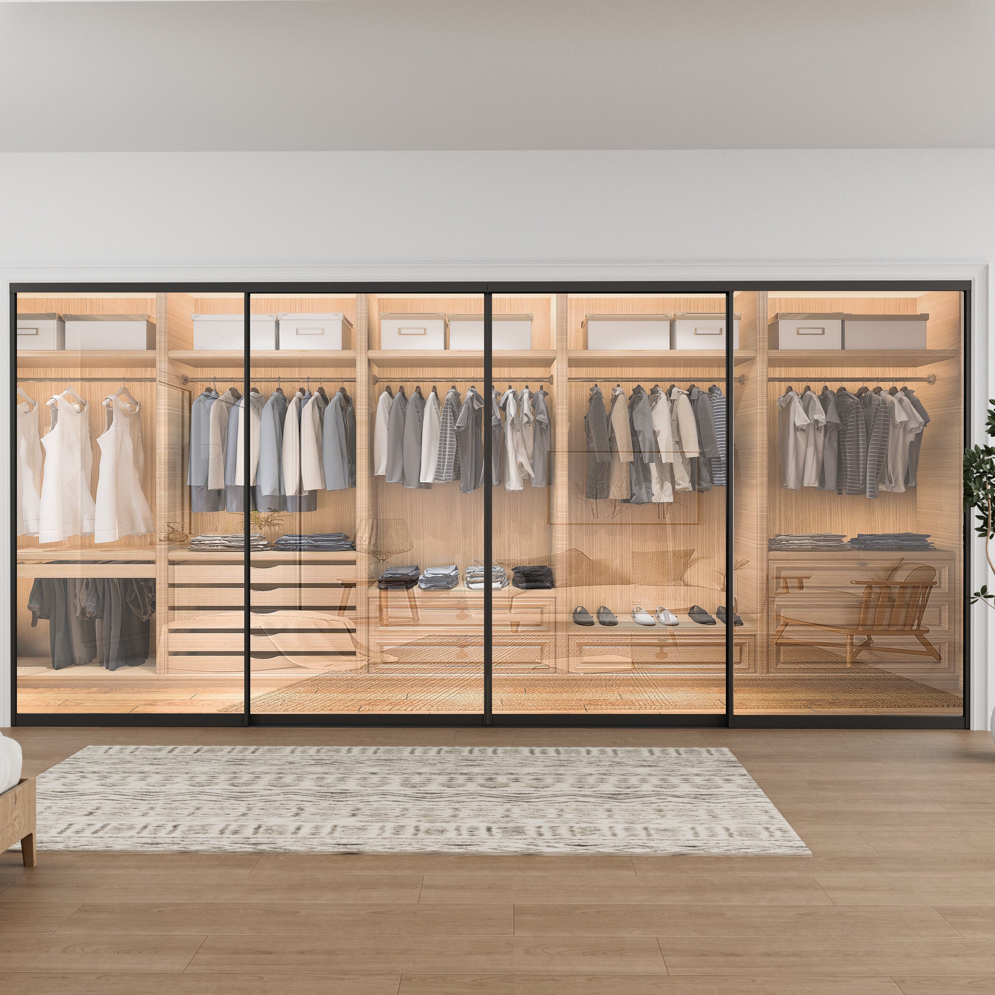 Ark Design 1-Lite Tempered Clear Glass Bypass Sliding Closet Door with Hardware Kit,Black Aluminum Frame