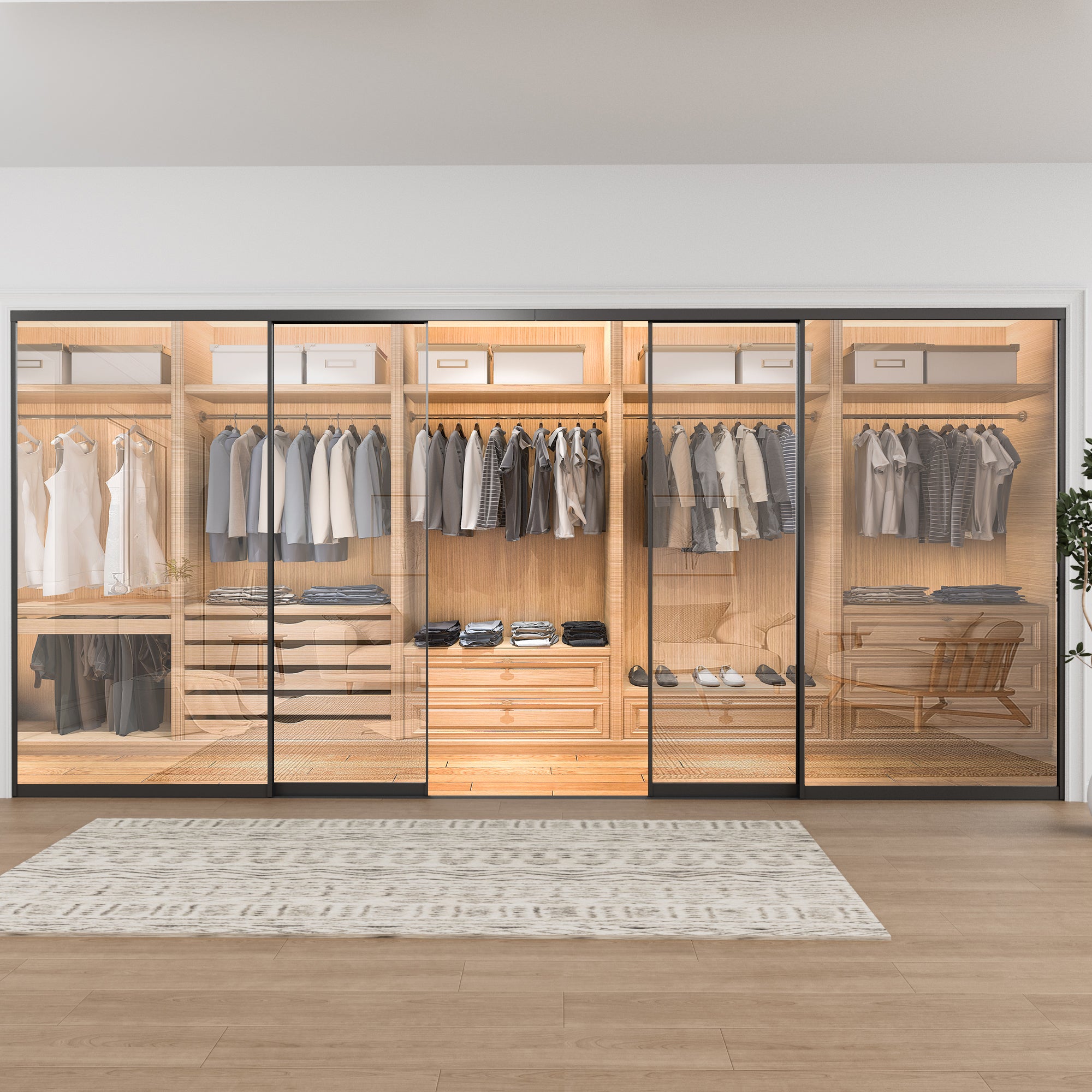 Ark Design 1-Lite Tempered Clear Glass Bypass Sliding Closet Door with Hardware Kit,Black Aluminum Frame