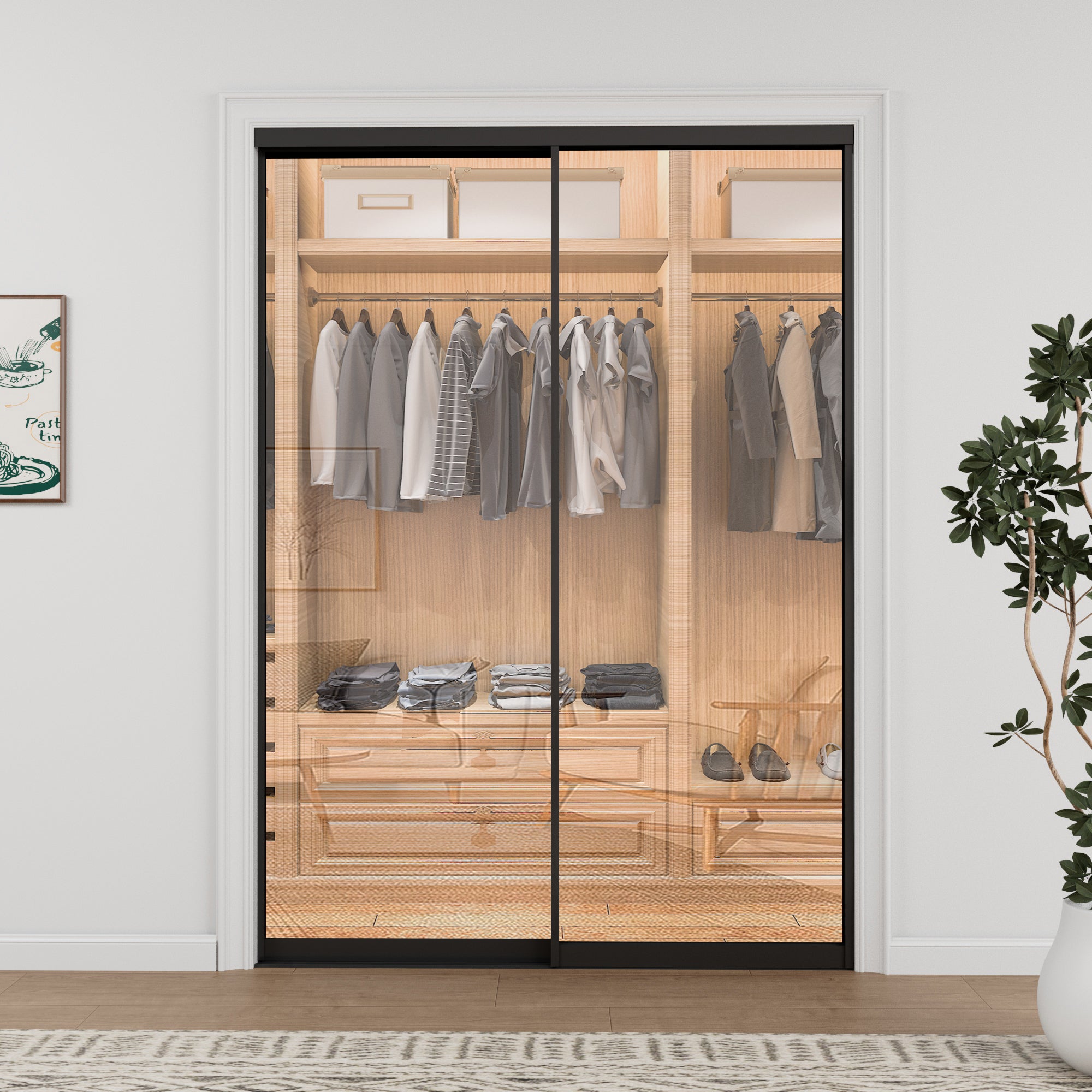 Ark Design 1-Lite Tempered Clear Glass Bypass Sliding Closet Door with Hardware Kit,Black Aluminum Frame