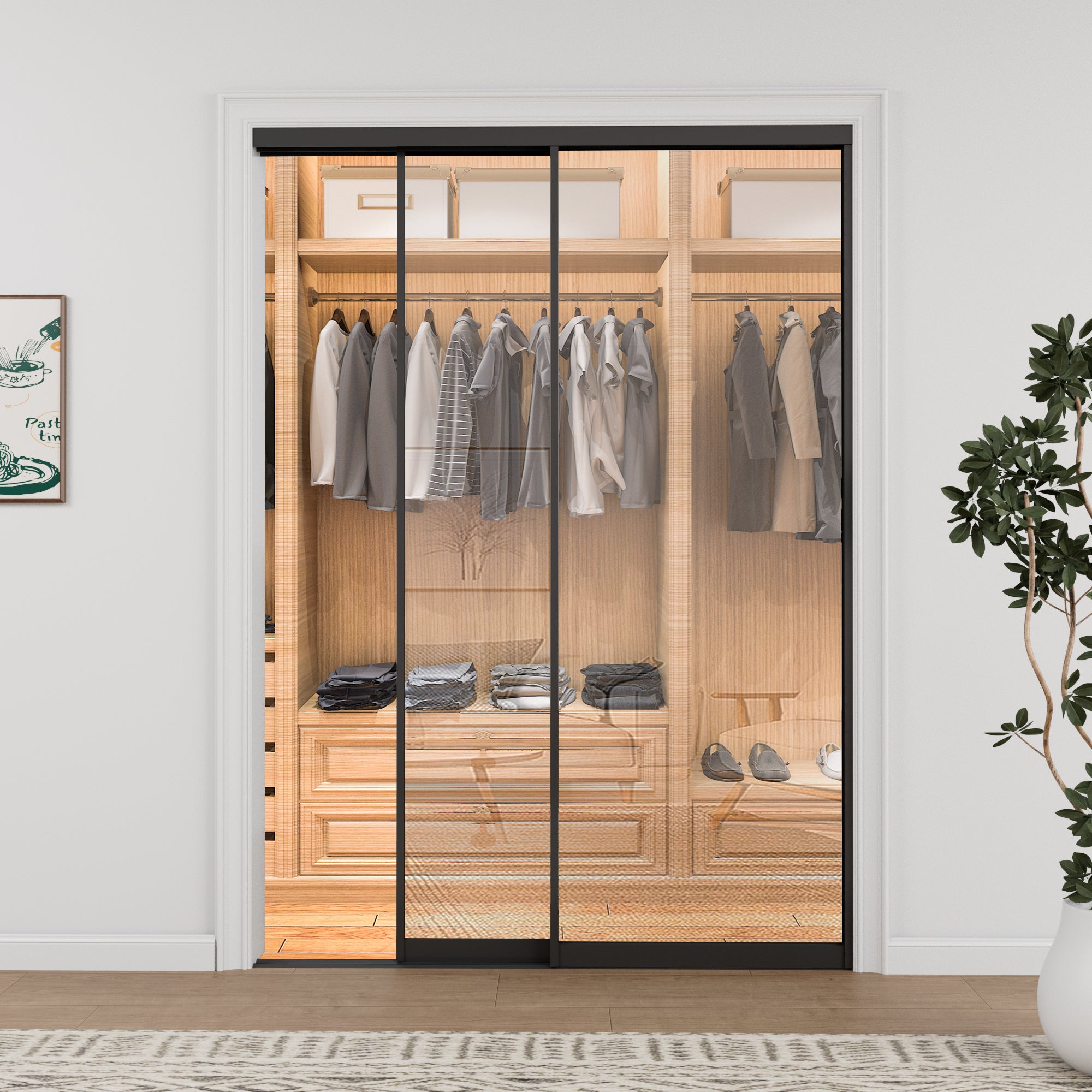 Ark Design 1-Lite Tempered Clear Glass Bypass Sliding Closet Door with Hardware Kit,Black Aluminum Frame