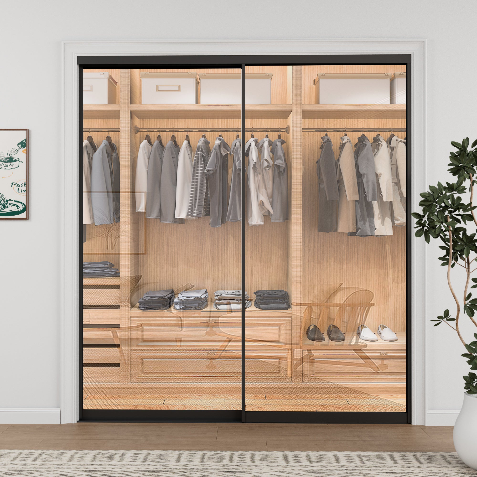 Ark Design 1-Lite Tempered Clear Glass Bypass Sliding Closet Door with Hardware Kit,Black Aluminum Frame