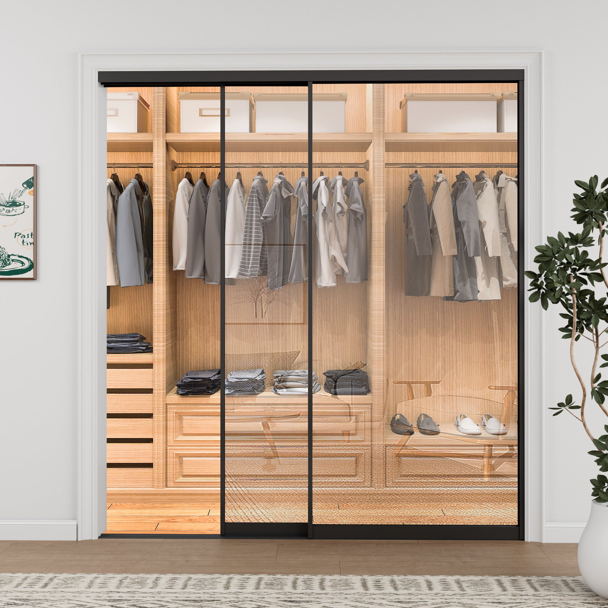 Ark Design 1-Lite Tempered Clear Glass Bypass Sliding Closet Door with Hardware Kit,Black Aluminum Frame