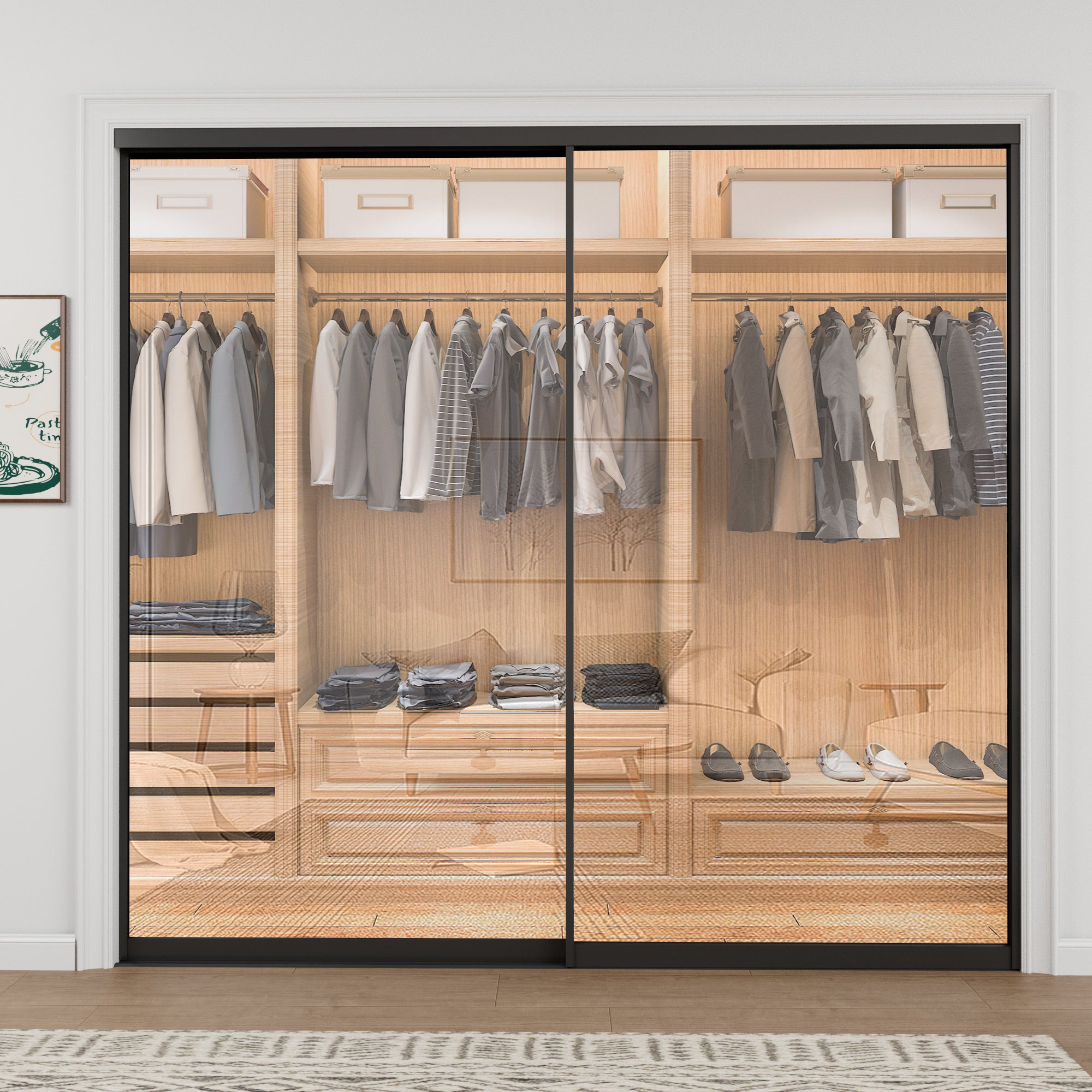 Ark Design 1-Lite Tempered Clear Glass Bypass Sliding Closet Door with Hardware Kit,Black Aluminum Frame