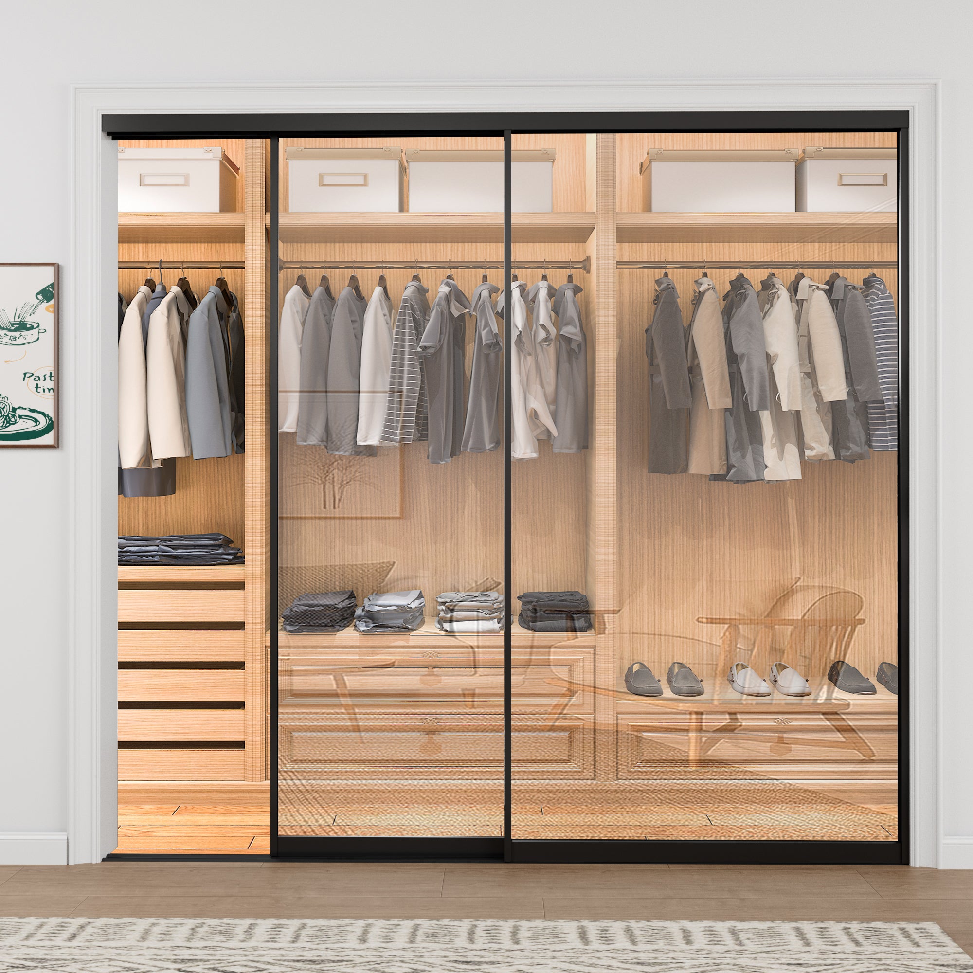 Ark Design 1-Lite Tempered Clear Glass Bypass Sliding Closet Door with Hardware Kit,Black Aluminum Frame