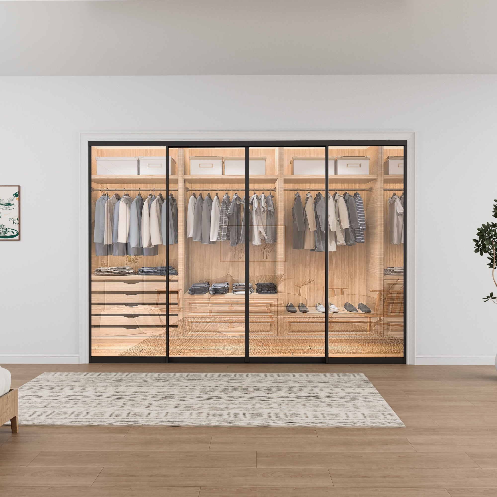 Ark Design 1-Lite Tempered Clear Glass Bypass Sliding Closet Door with Hardware Kit,Black Aluminum Frame