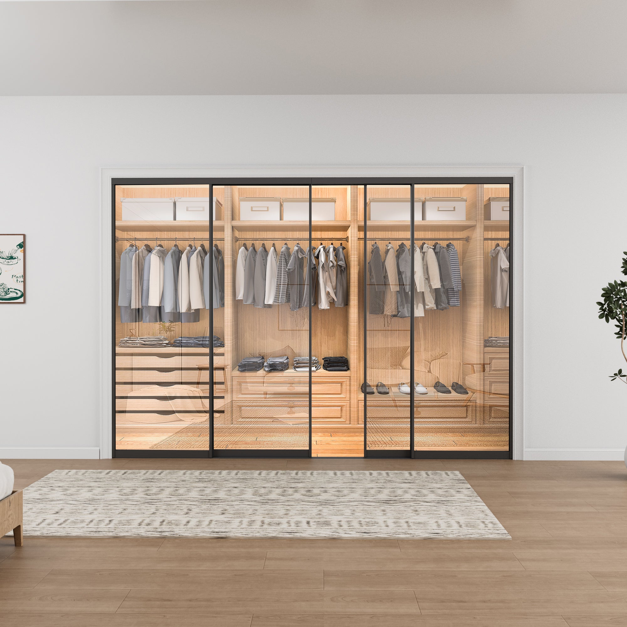 Ark Design 1-Lite Tempered Clear Glass Bypass Sliding Closet Door with Hardware Kit,Black Aluminum Frame