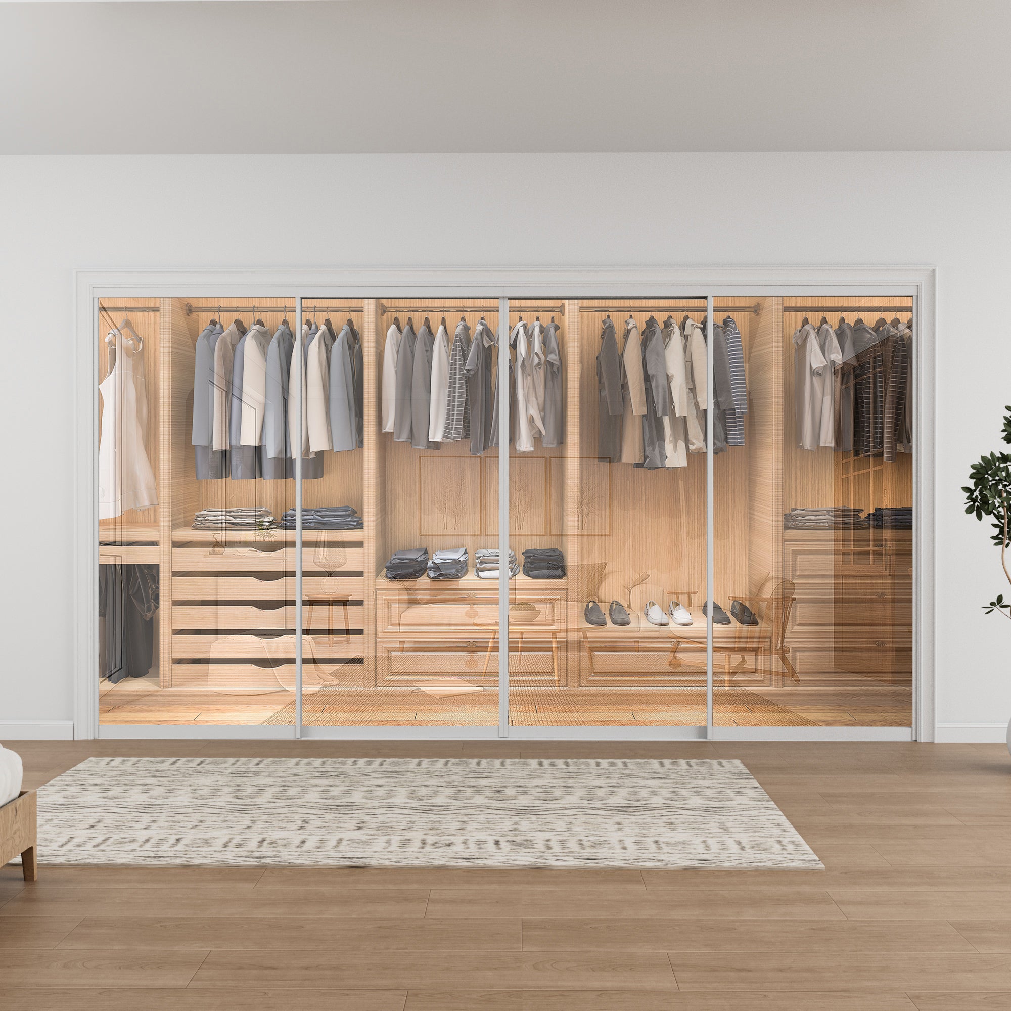 Ark Design 1-Lite tempered clear glass Bypass Sliding Closet Door with Hardware Kit, White Aluminum Frame