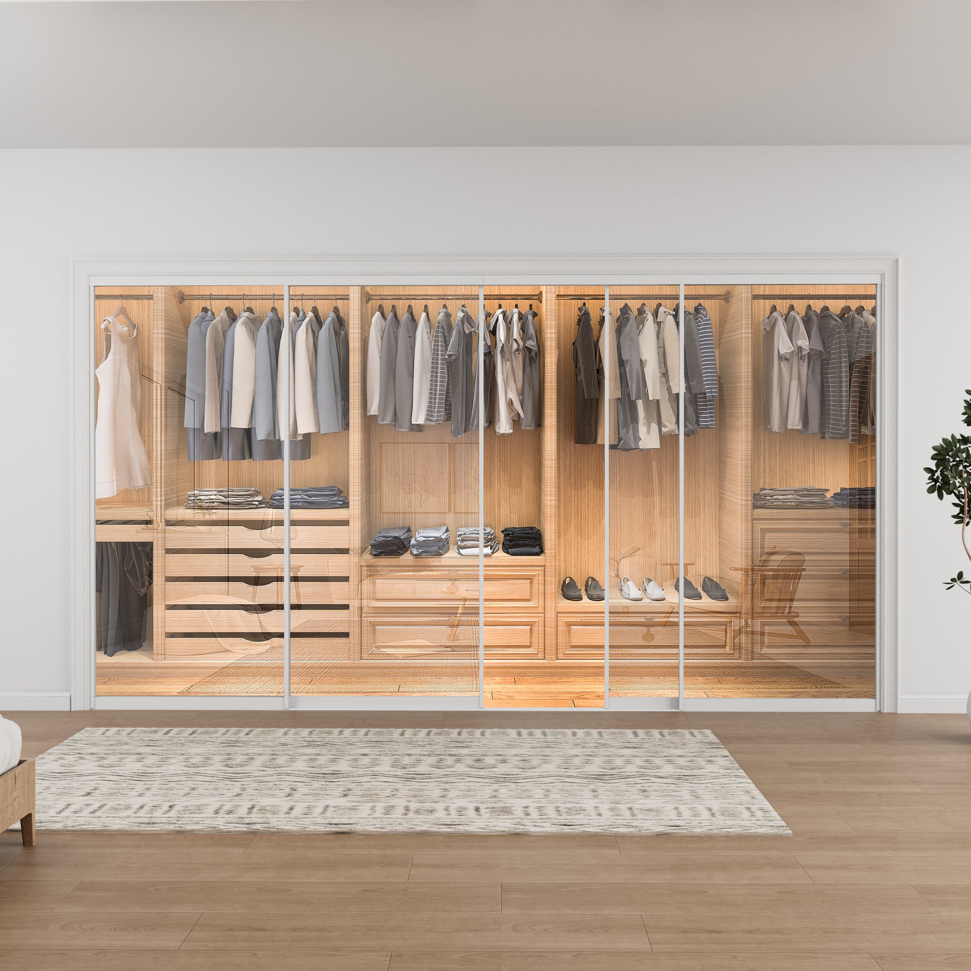 Ark Design 1-Lite tempered clear glass Bypass Sliding Closet Door with Hardware Kit, White Aluminum Frame