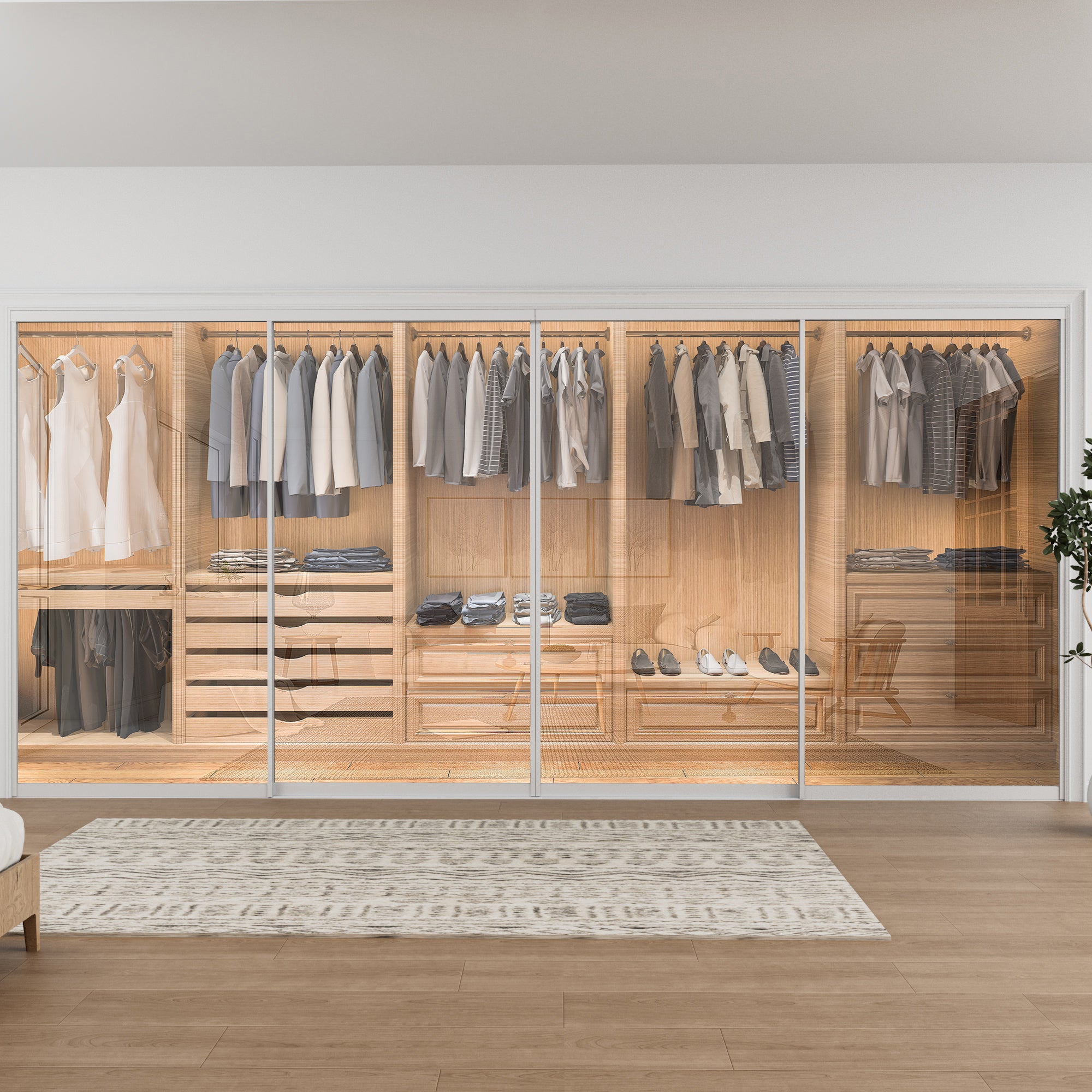 Ark Design 1-Lite tempered clear glass Bypass Sliding Closet Door with Hardware Kit, White Aluminum Frame