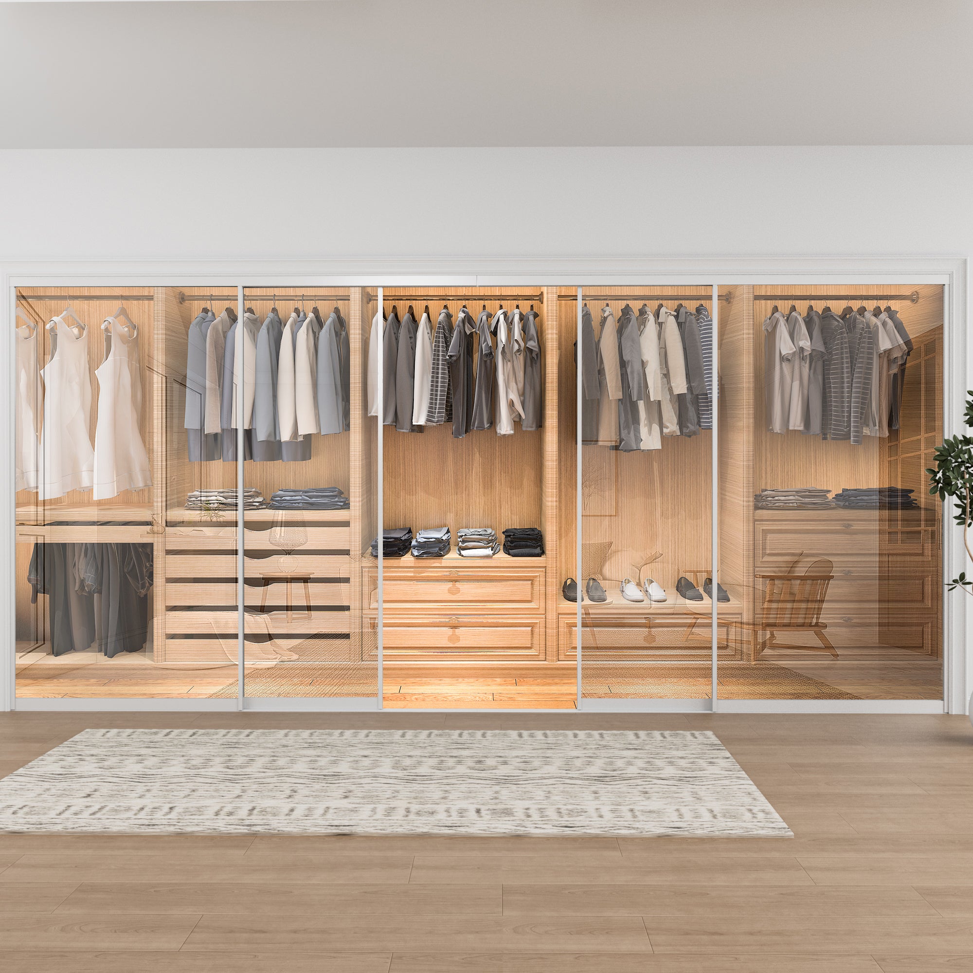 Ark Design 1-Lite tempered clear glass Bypass Sliding Closet Door with Hardware Kit, White Aluminum Frame