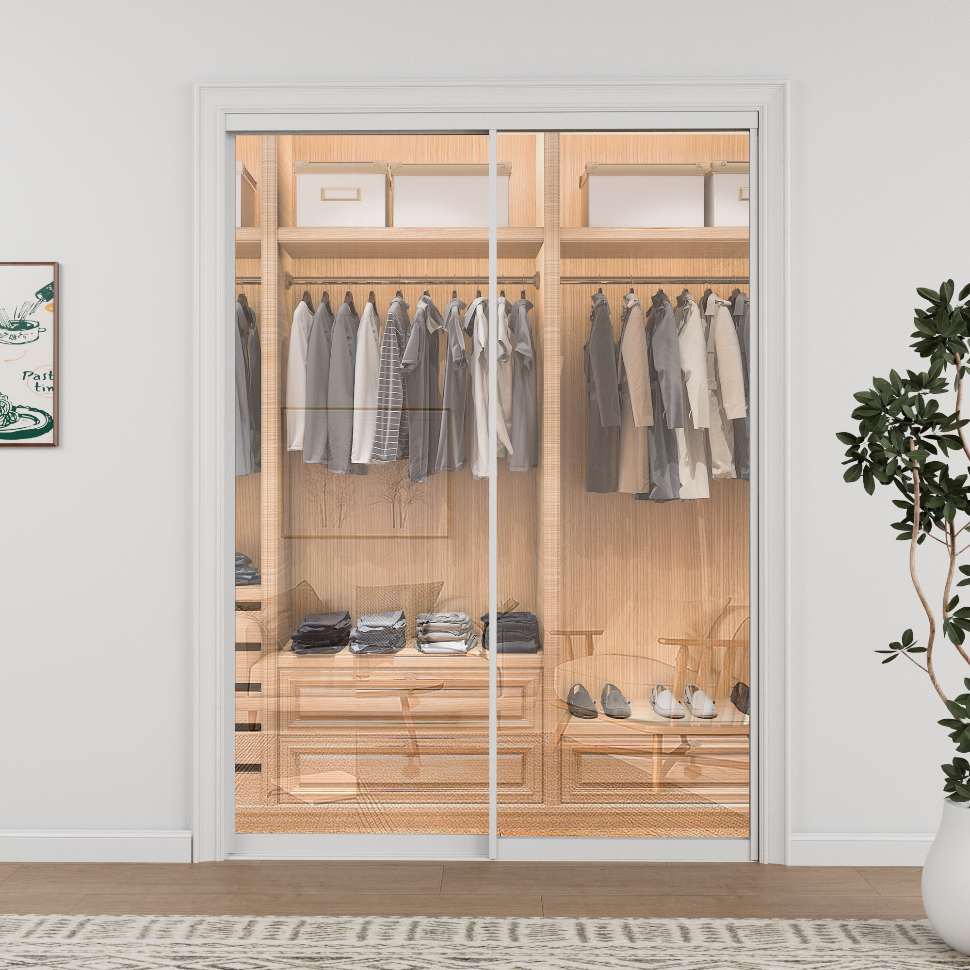 Ark Design 1-Lite tempered clear glass Bypass Sliding Closet Door with Hardware Kit, White Aluminum Frame