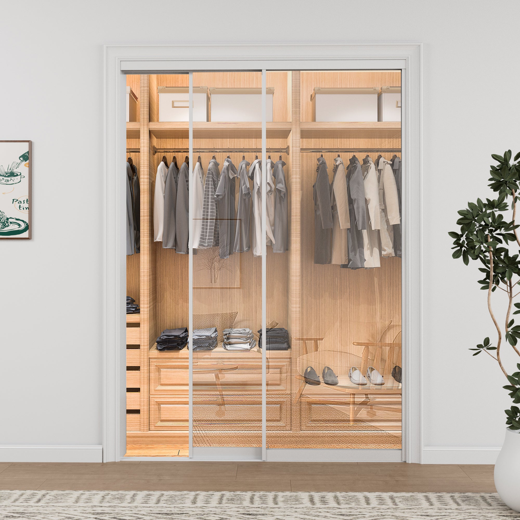 Ark Design 1-Lite tempered clear glass Bypass Sliding Closet Door with Hardware Kit, White Aluminum Frame