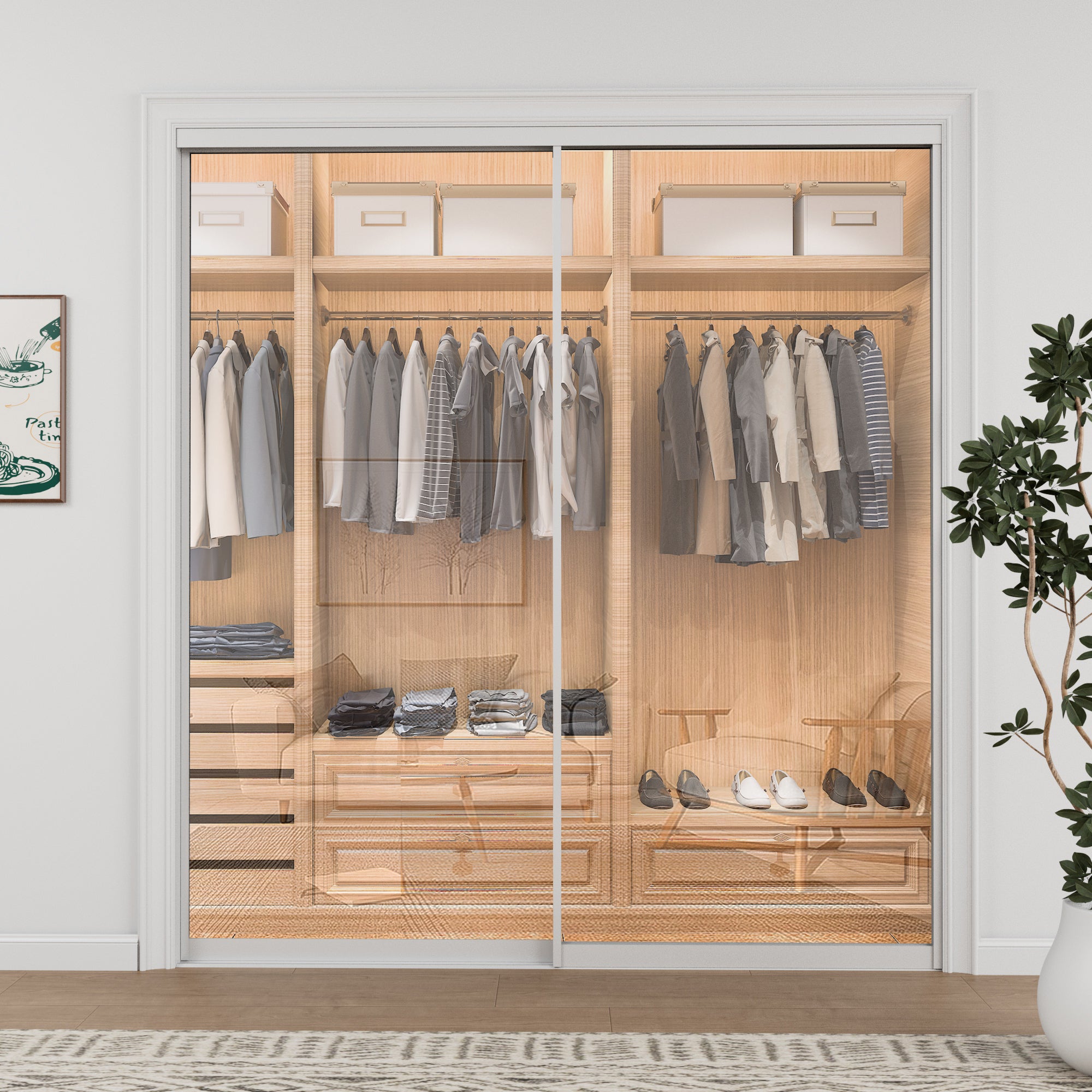 Ark Design 1-Lite tempered clear glass Bypass Sliding Closet Door with Hardware Kit, White Aluminum Frame