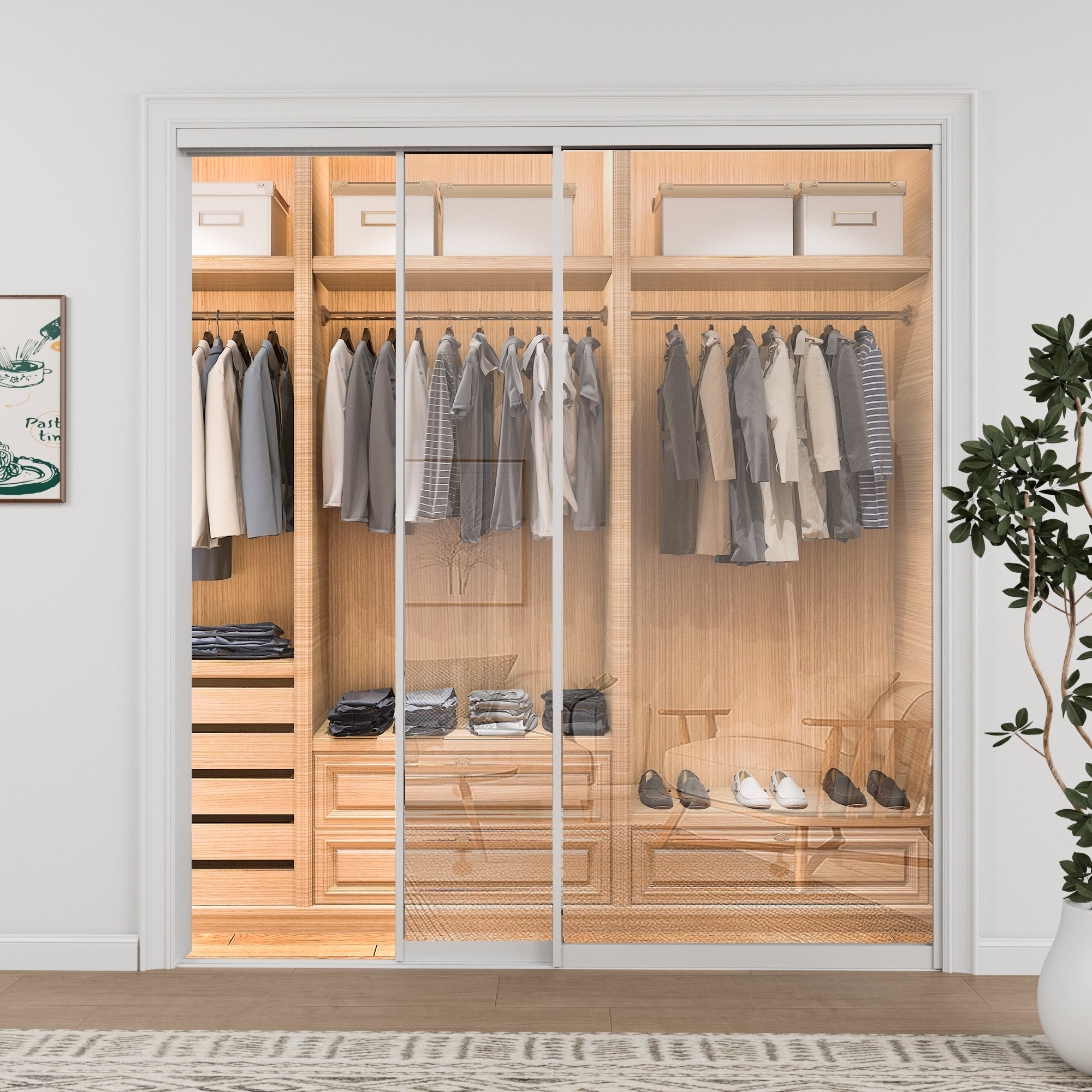 Ark Design 1-Lite tempered clear glass Bypass Sliding Closet Door with Hardware Kit, White Aluminum Frame