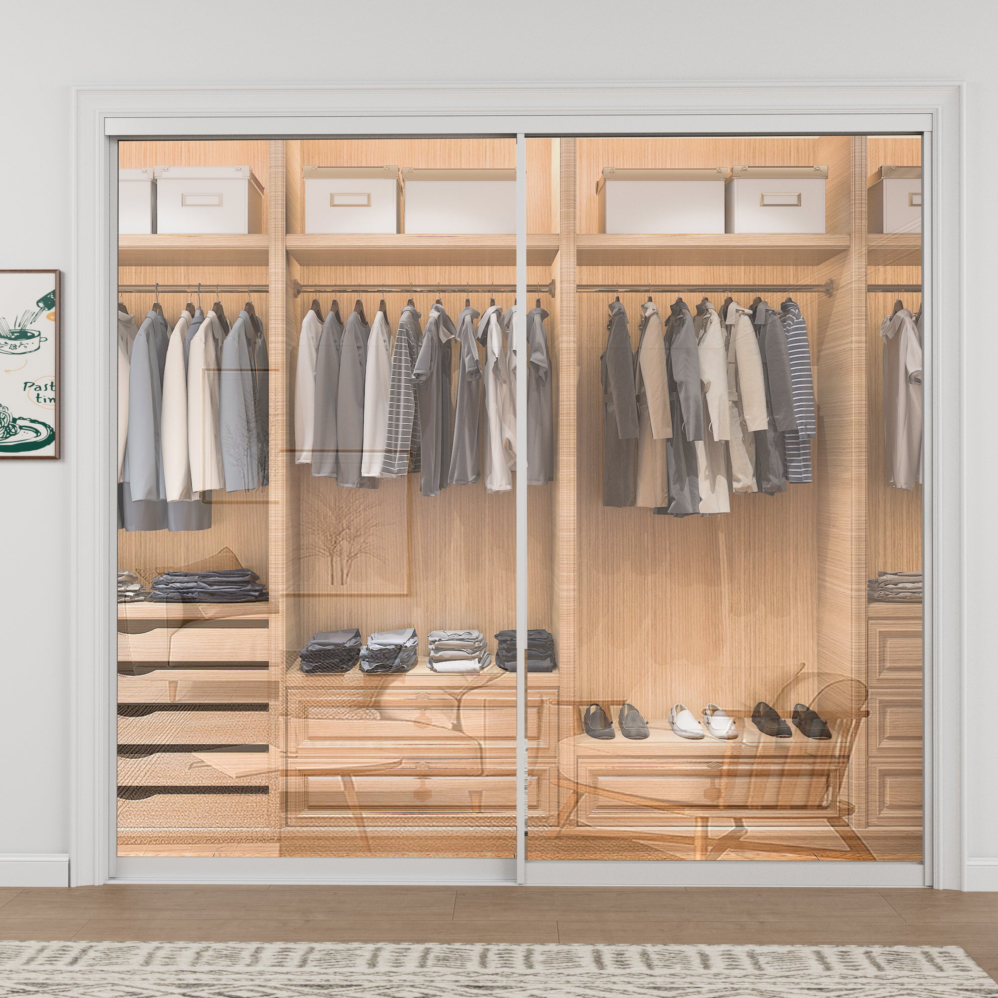 Ark Design 1-Lite tempered clear glass Bypass Sliding Closet Door with Hardware Kit, White Aluminum Frame