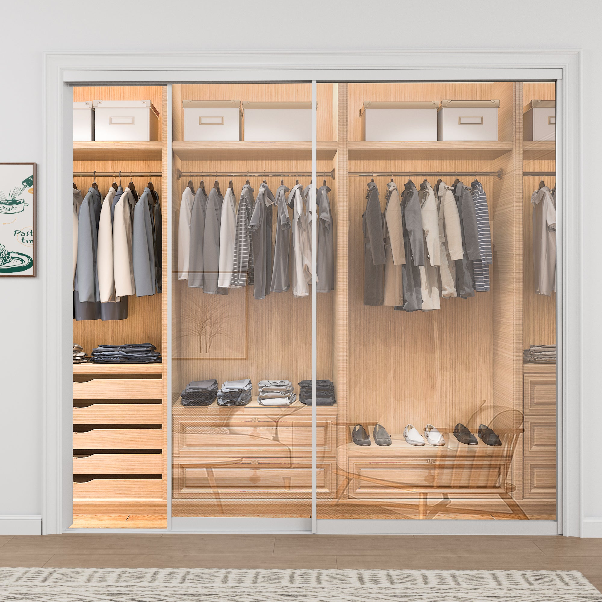 Ark Design 1-Lite tempered clear glass Bypass Sliding Closet Door with Hardware Kit, White Aluminum Frame