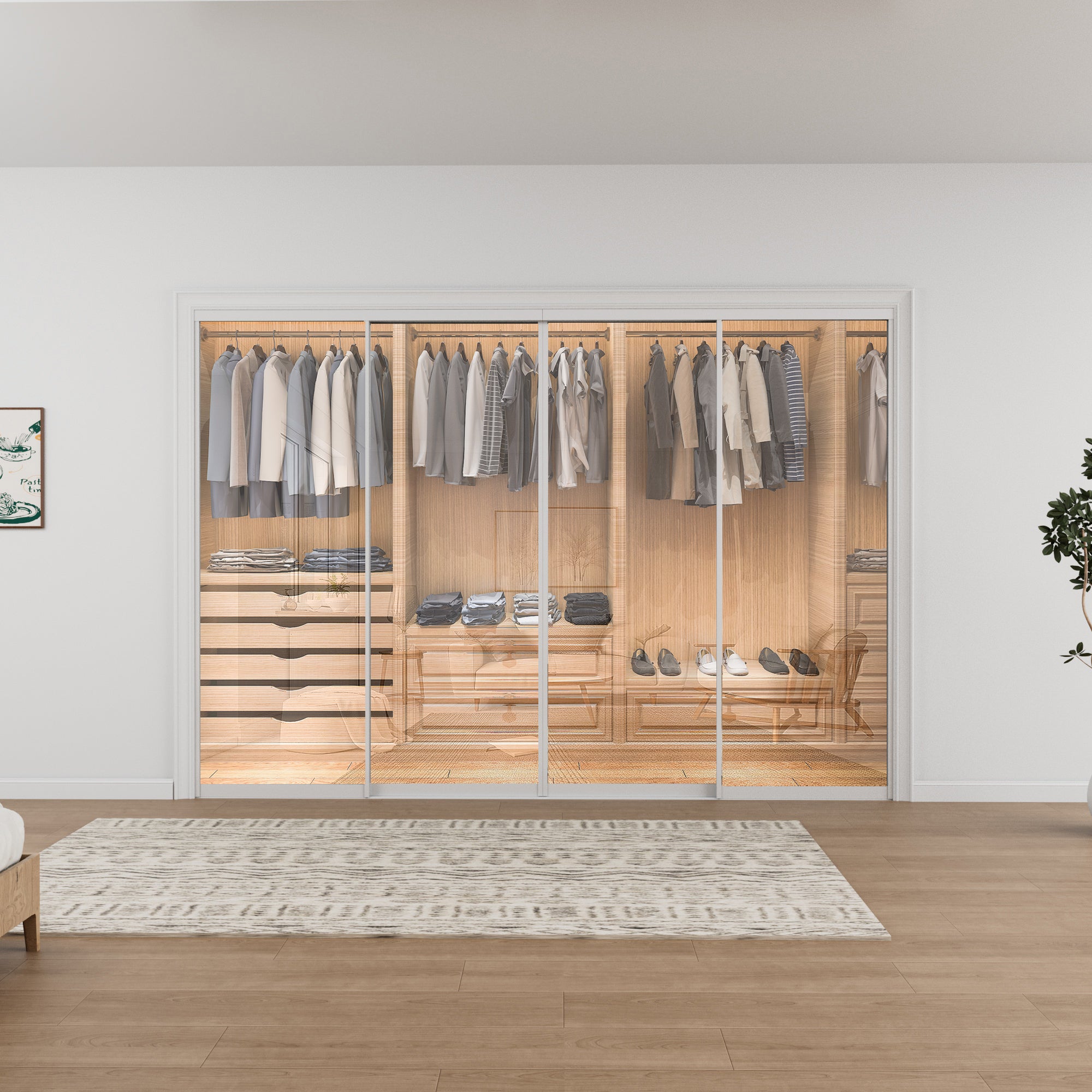 Ark Design 1-Lite tempered clear glass Bypass Sliding Closet Door with Hardware Kit, White Aluminum Frame