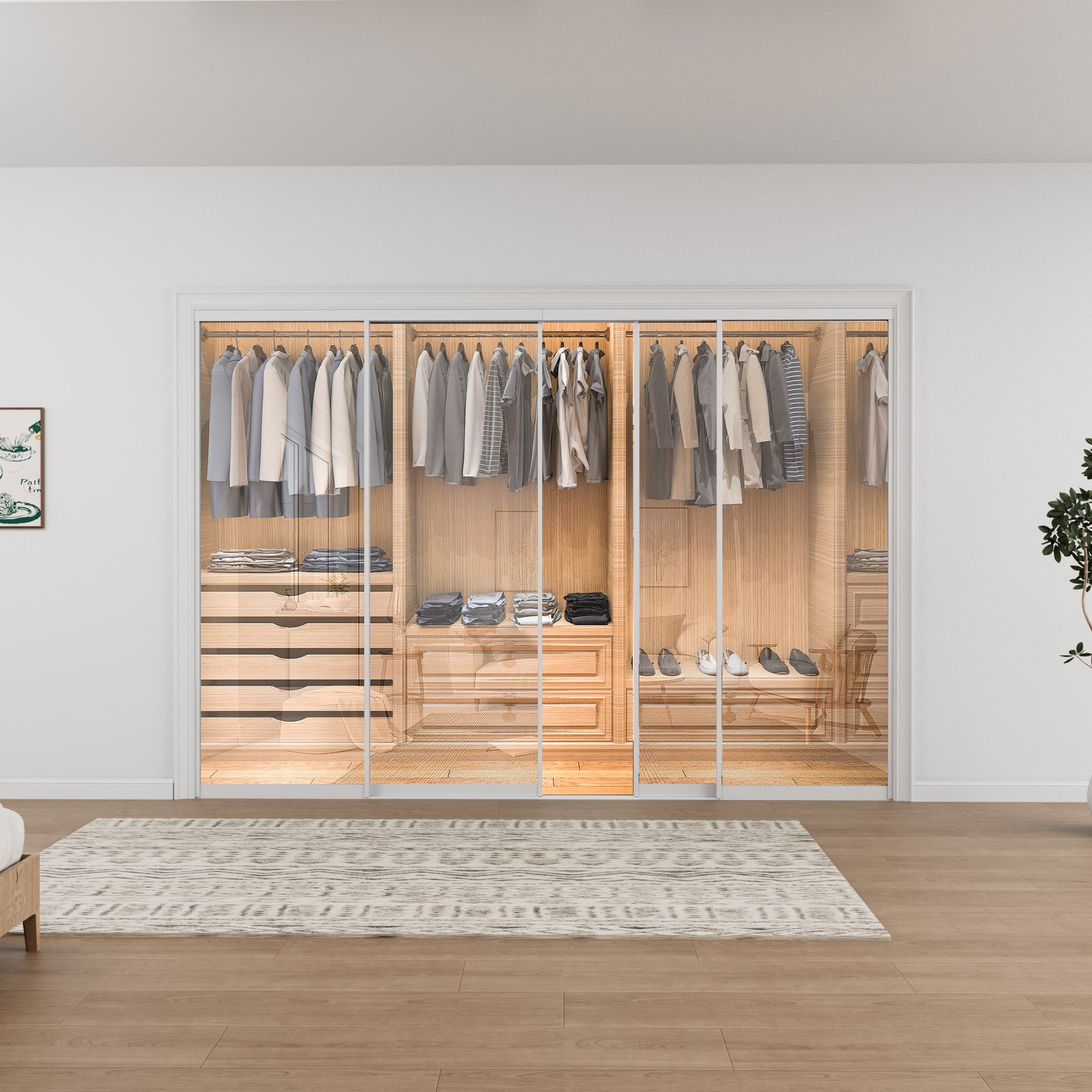 Ark Design 1-Lite tempered clear glass Bypass Sliding Closet Door with Hardware Kit, White Aluminum Frame