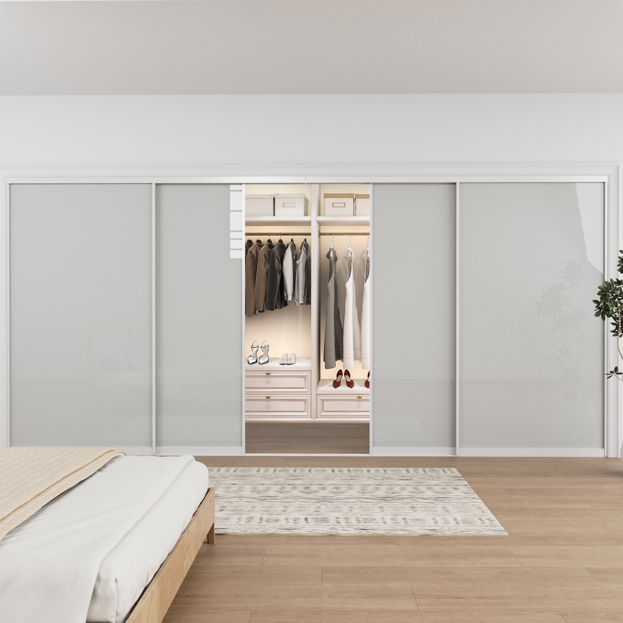 Ark Design 1-Lite Tempered Frosted Glass Bypass Sliding Closet Door with Hardware Kit, White Aluminum Frame