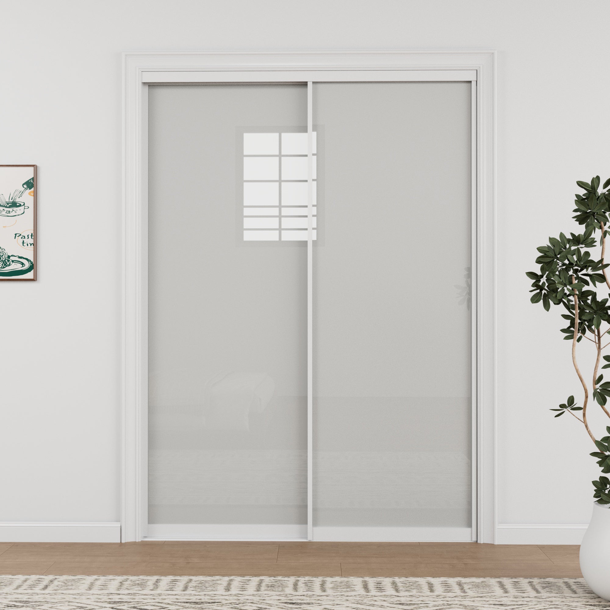 Ark Design 1-Lite Tempered Frosted Glass Bypass Sliding Closet Door with Hardware Kit, White Aluminum Frame