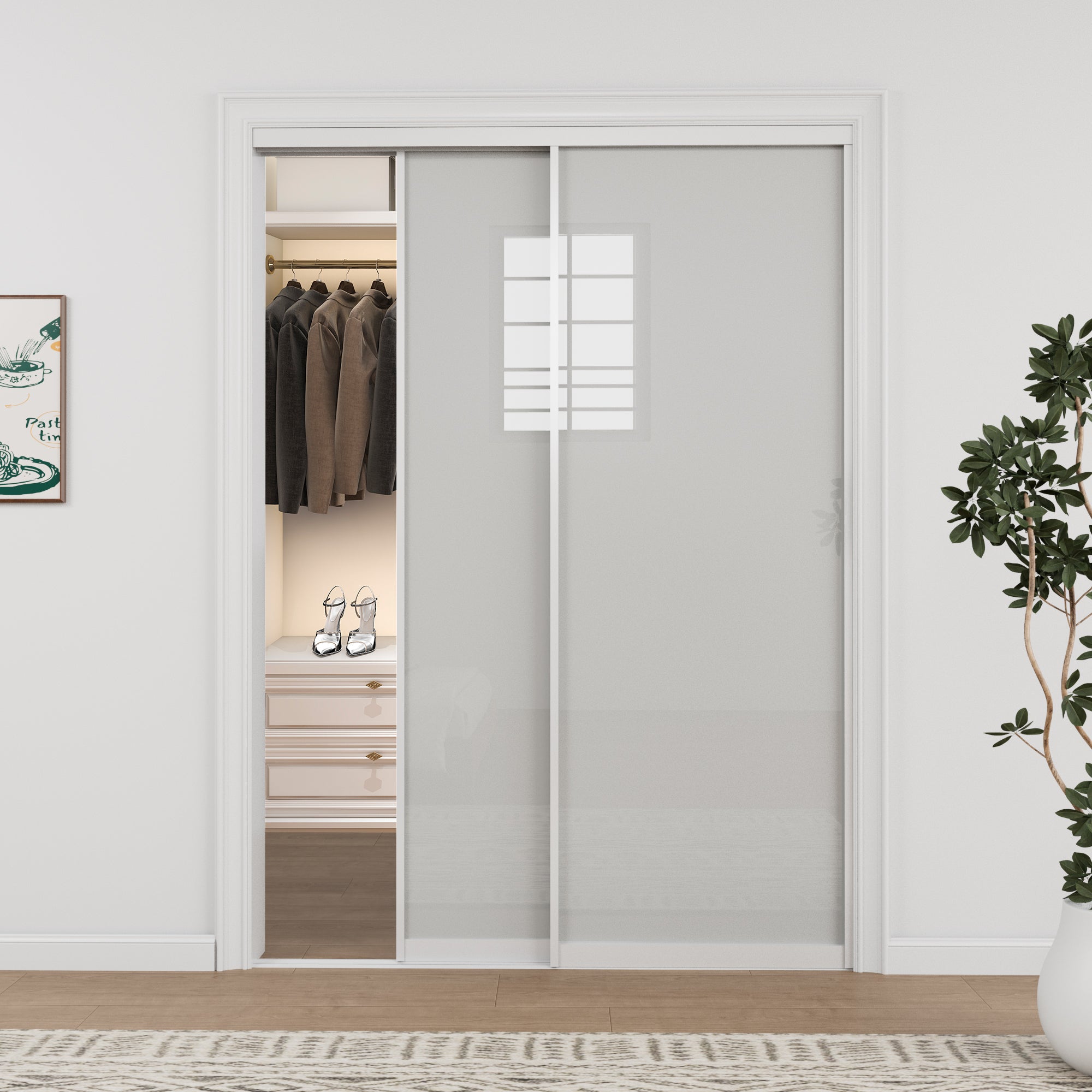 Ark Design 1-Lite Tempered Frosted Glass Bypass Sliding Closet Door with Hardware Kit, White Aluminum Frame