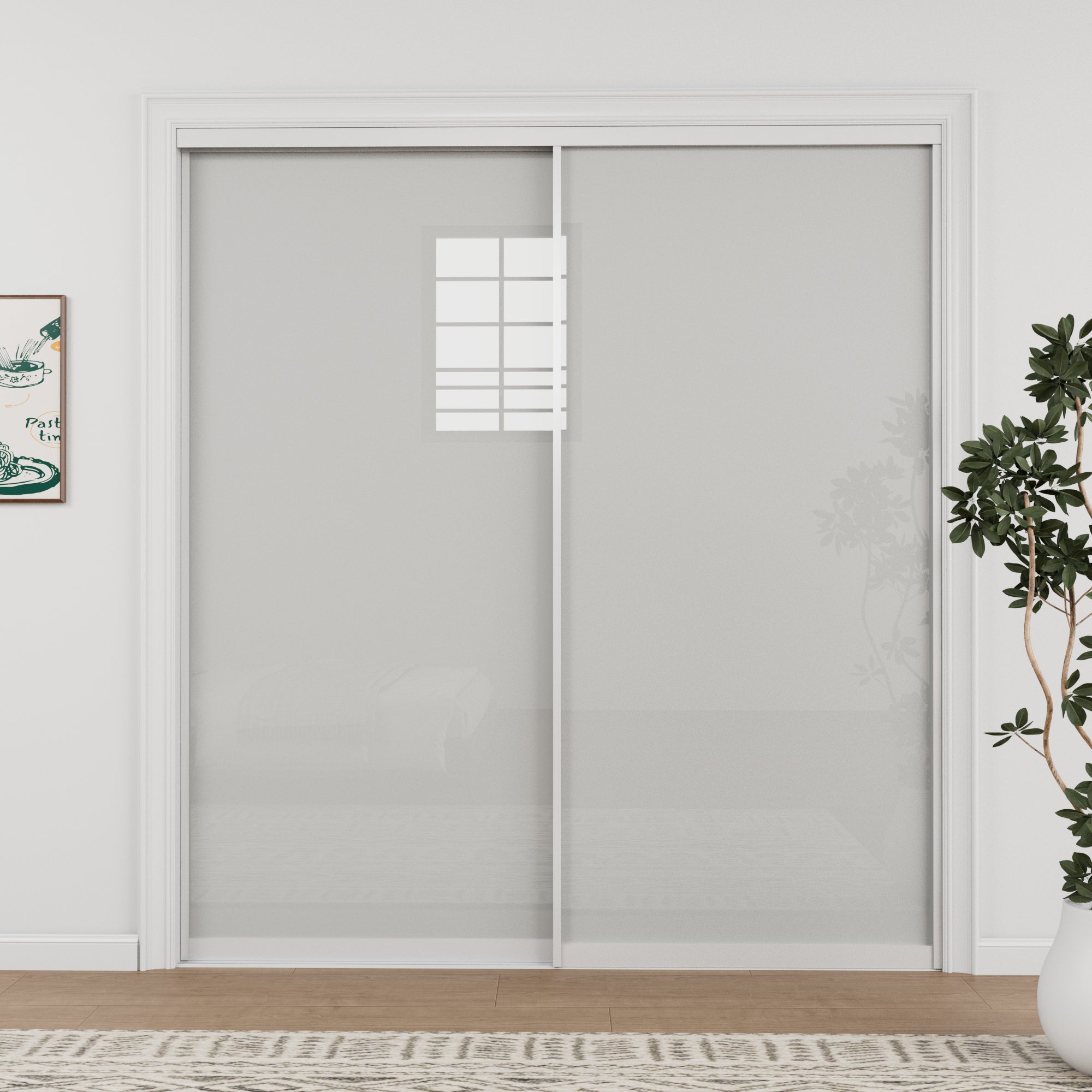 Ark Design 1-Lite Tempered Frosted Glass Bypass Sliding Closet Door with Hardware Kit, White Aluminum Frame