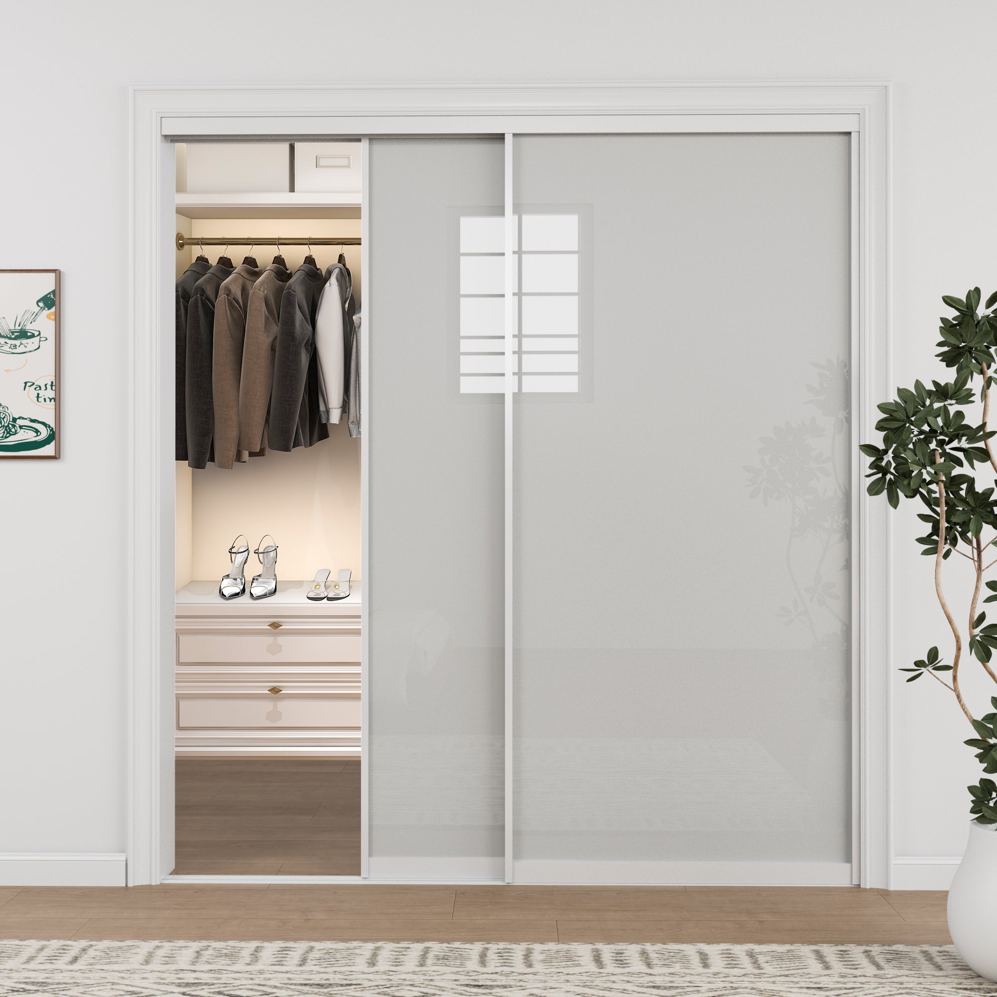 Ark Design 1-Lite Tempered Frosted Glass Bypass Sliding Closet Door with Hardware Kit, White Aluminum Frame