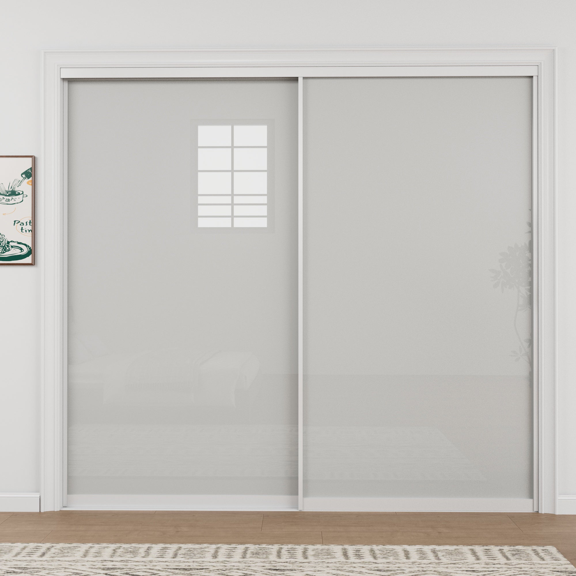 Ark Design 1-Lite Tempered Frosted Glass Bypass Sliding Closet Door with Hardware Kit, White Aluminum Frame