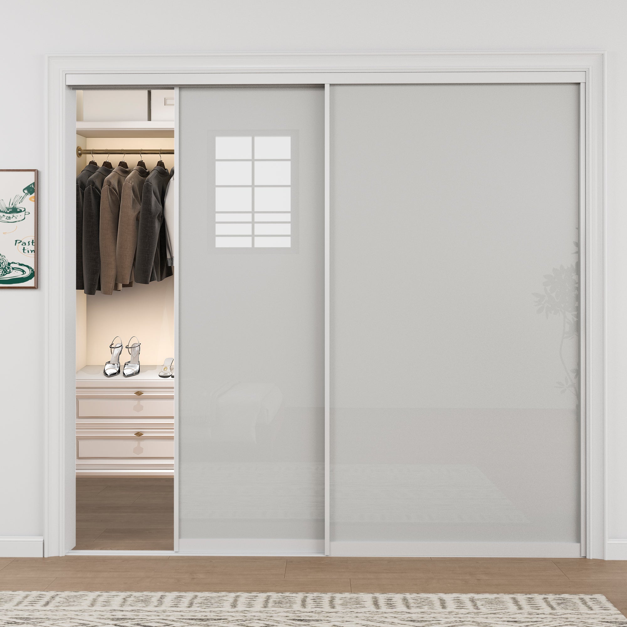 Ark Design 1-Lite Tempered Frosted Glass Bypass Sliding Closet Door with Hardware Kit, White Aluminum Frame