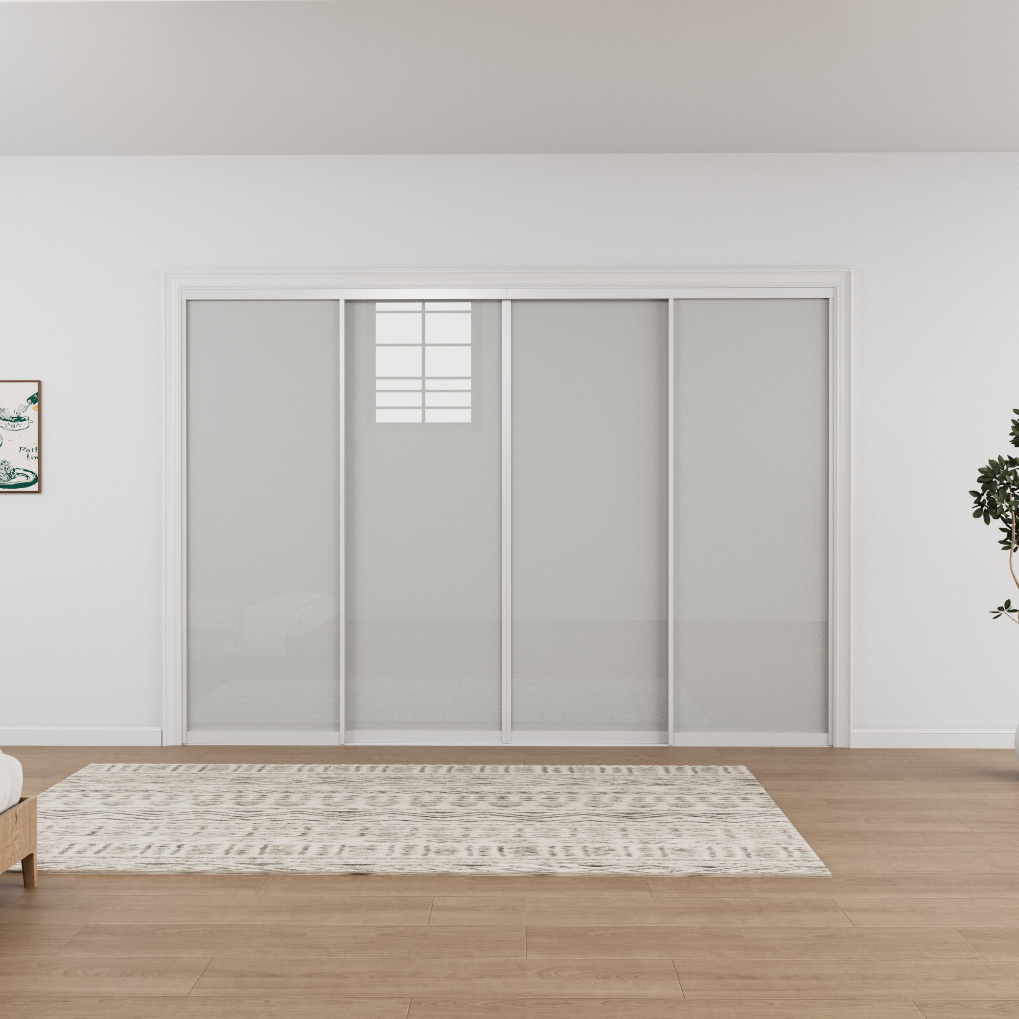 Ark Design 1-Lite Tempered Frosted Glass Bypass Sliding Closet Door with Hardware Kit, White Aluminum Frame