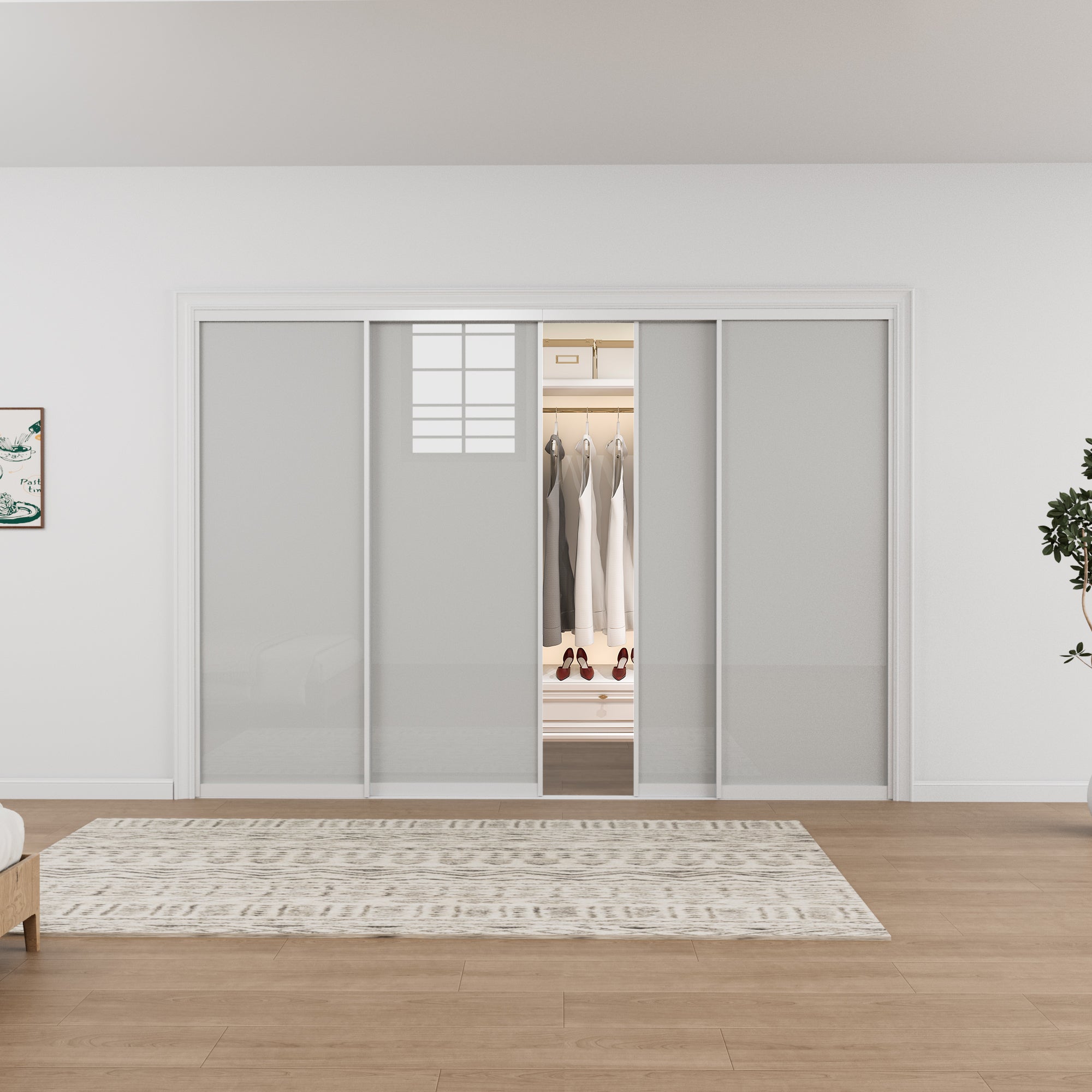 Ark Design 1-Lite Tempered Frosted Glass Bypass Sliding Closet Door with Hardware Kit, White Aluminum Frame