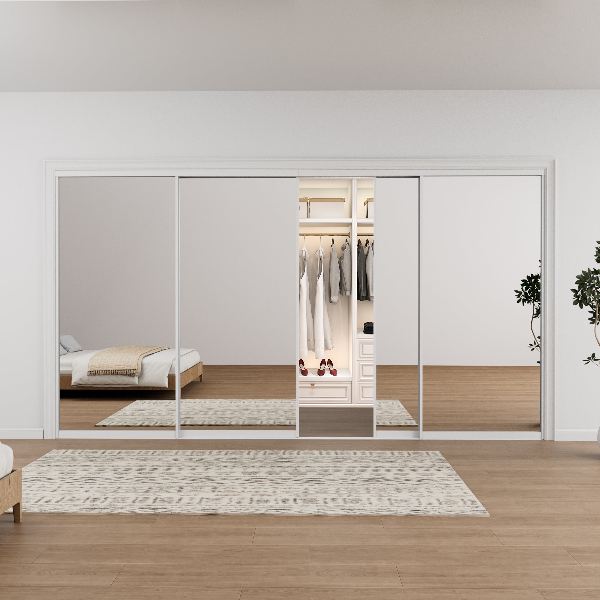 Ark Design 1-Lite high-definition mirror Bypass Sliding Closet Door with Hardware Kit, White Aluminum Frame