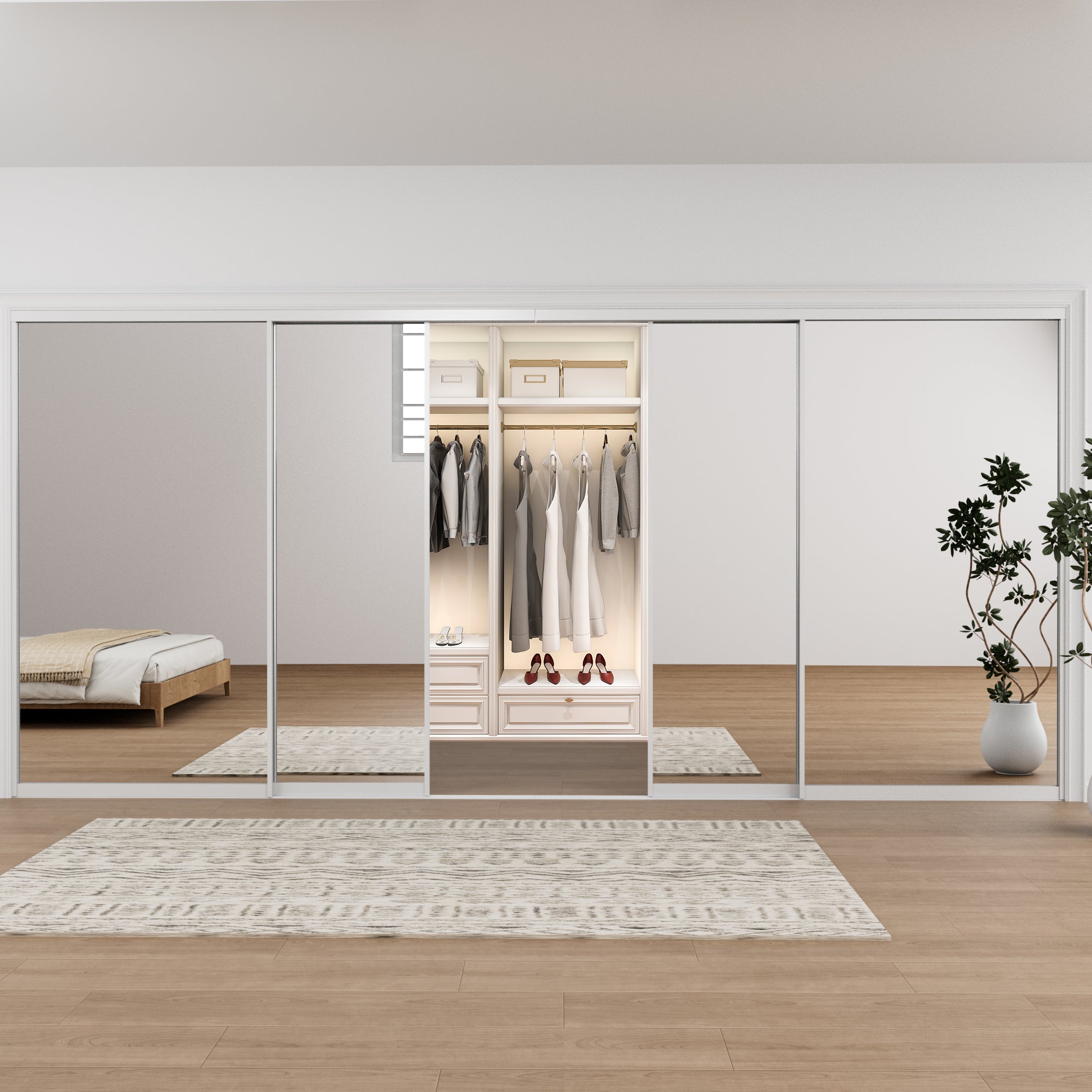 Ark Design 1-Lite high-definition mirror Bypass Sliding Closet Door with Hardware Kit, White Aluminum Frame