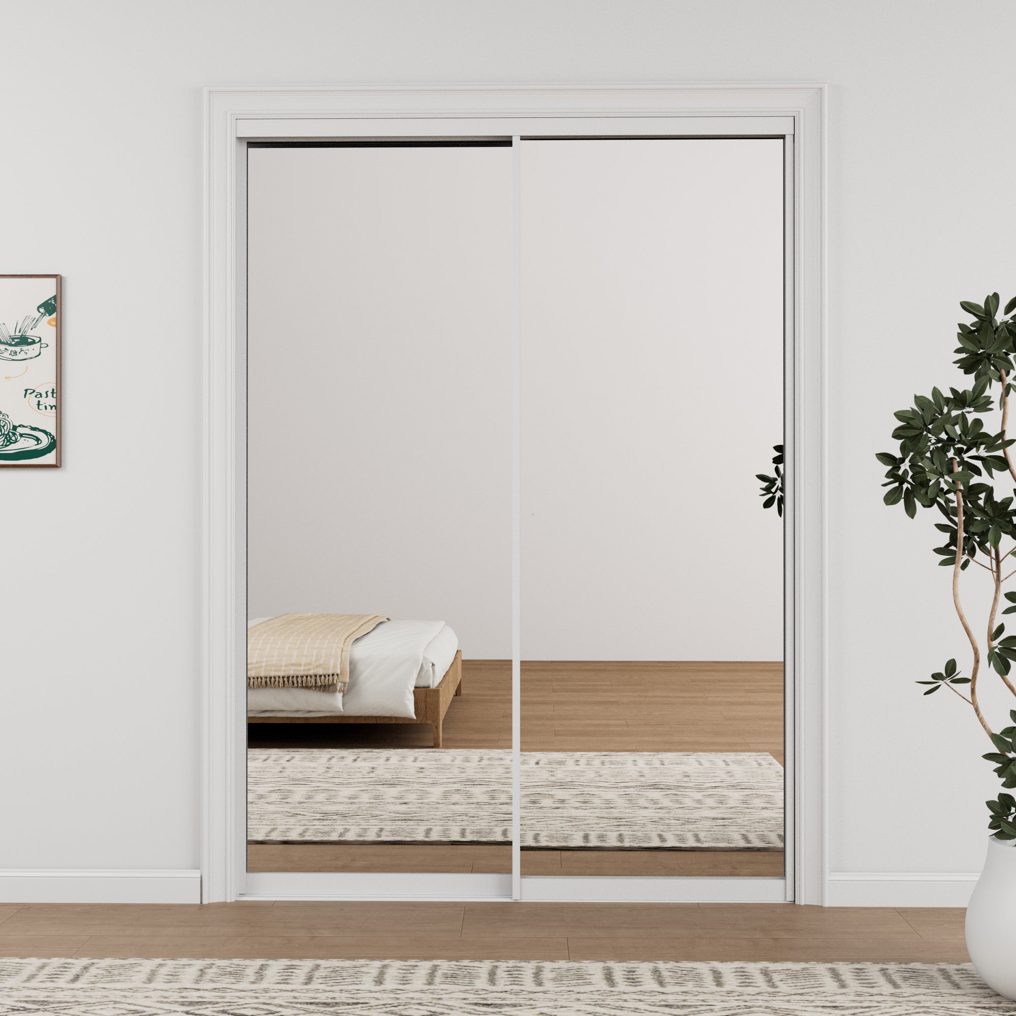 Ark Design 1-Lite high-definition mirror Bypass Sliding Closet Door with Hardware Kit, White Aluminum Frame