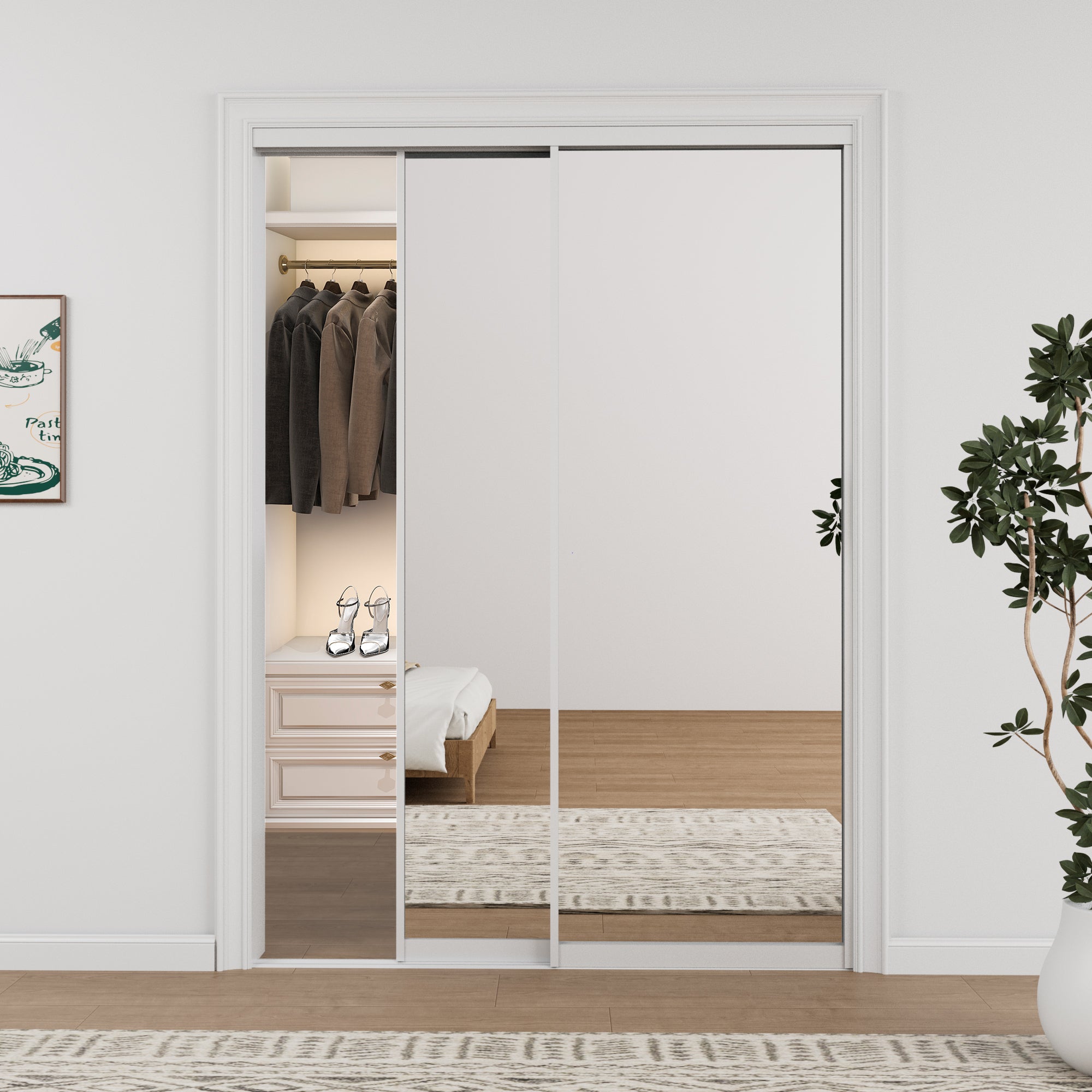 Ark Design 1-Lite high-definition mirror Bypass Sliding Closet Door with Hardware Kit, White Aluminum Frame