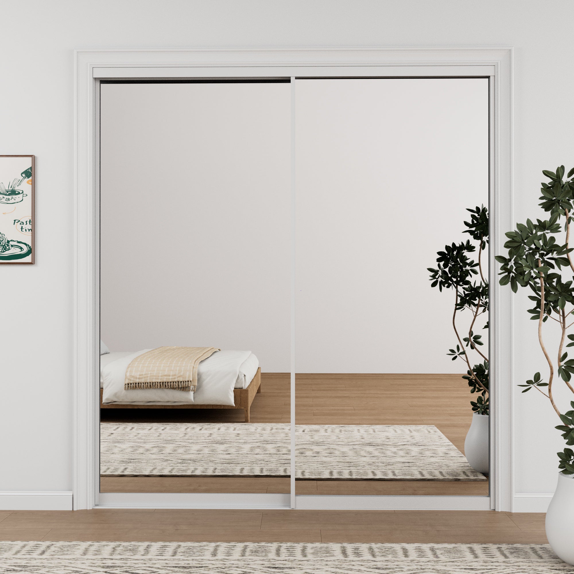 Ark Design 1-Lite high-definition mirror Bypass Sliding Closet Door with Hardware Kit, White Aluminum Frame