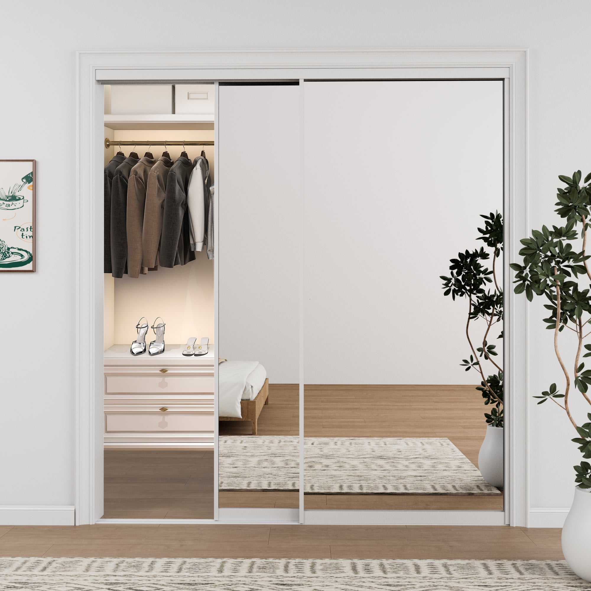 Ark Design 1-Lite high-definition mirror Bypass Sliding Closet Door with Hardware Kit, White Aluminum Frame