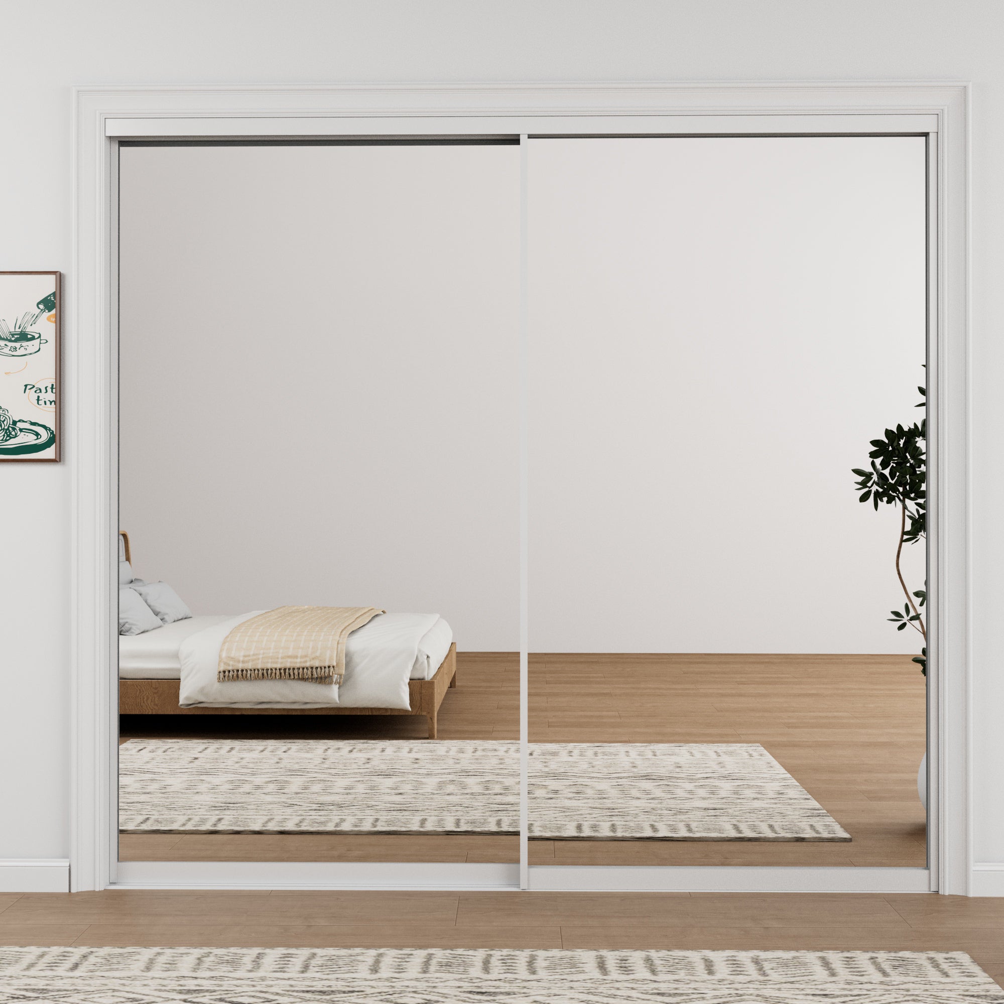 Ark Design 1-Lite high-definition mirror Bypass Sliding Closet Door with Hardware Kit, White Aluminum Frame