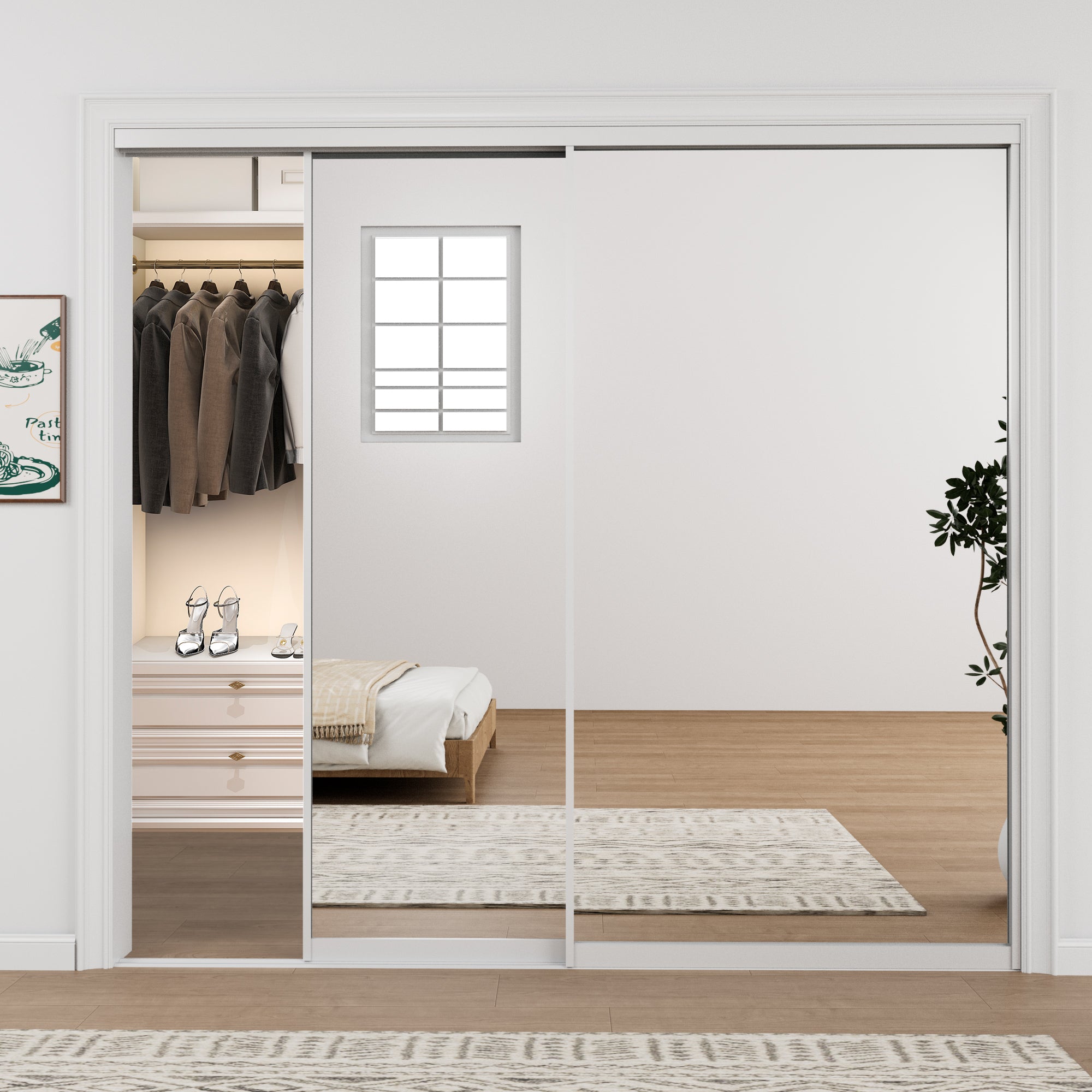 Ark Design 1-Lite high-definition mirror Bypass Sliding Closet Door with Hardware Kit, White Aluminum Frame