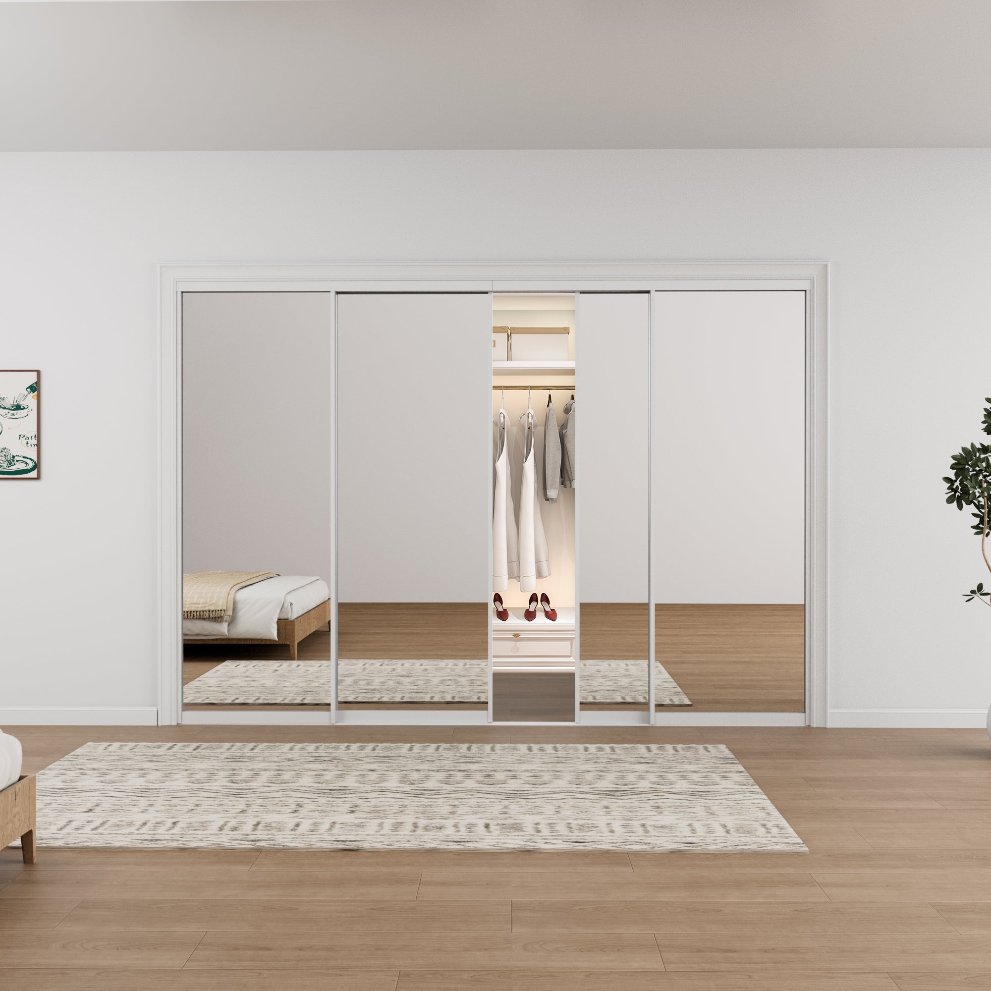 Ark Design 1-Lite high-definition mirror Bypass Sliding Closet Door with Hardware Kit, White Aluminum Frame