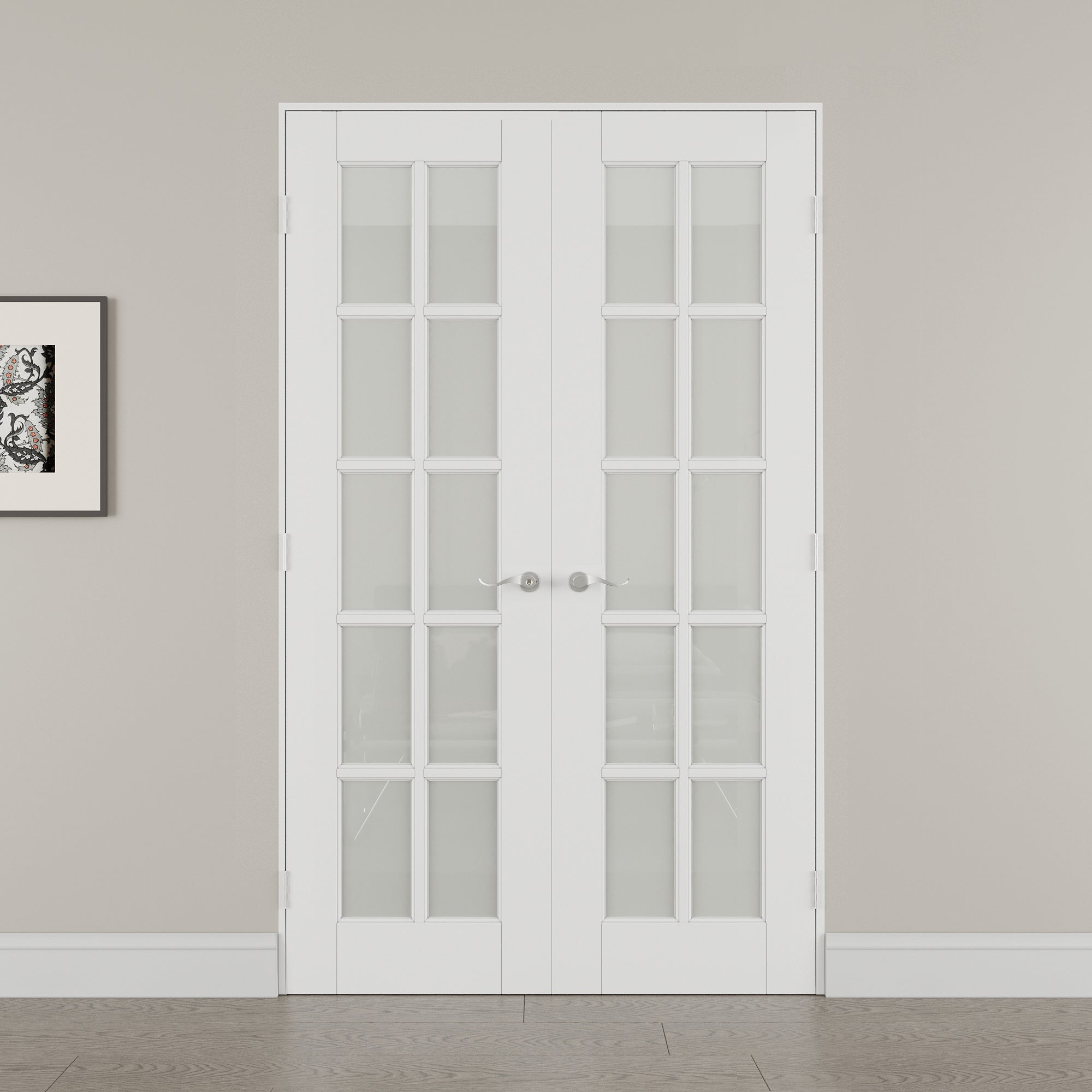 [Silver Hardware Prehung French Door Collection] 10-Lite Frosted Glass French Door with Sliver Hardware Kit & Ready-to-Assemble Jamb, Solid Core MDF Wood, White