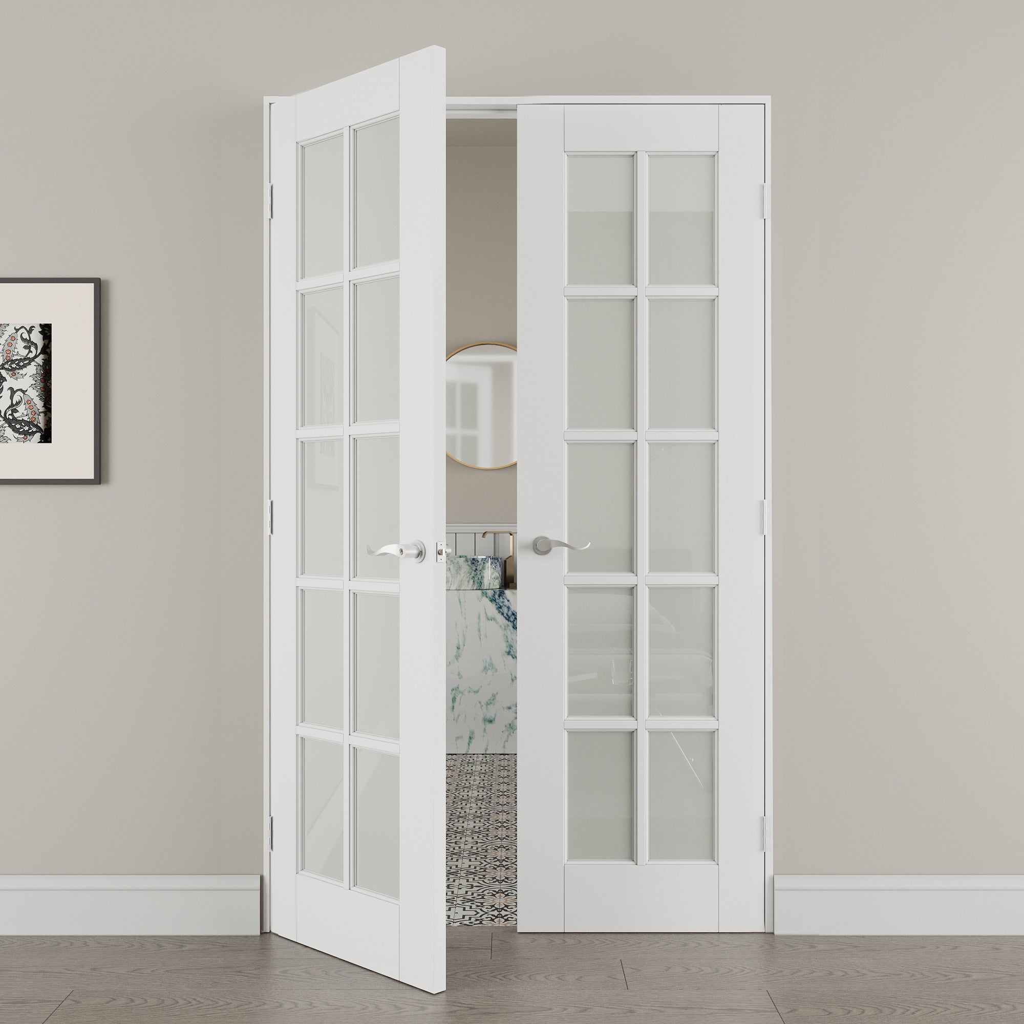 [Silver Hardware Prehung French Door Collection] 10-Lite Frosted Glass French Door with Sliver Hardware Kit & Ready-to-Assemble Jamb, Solid Core MDF Wood, White