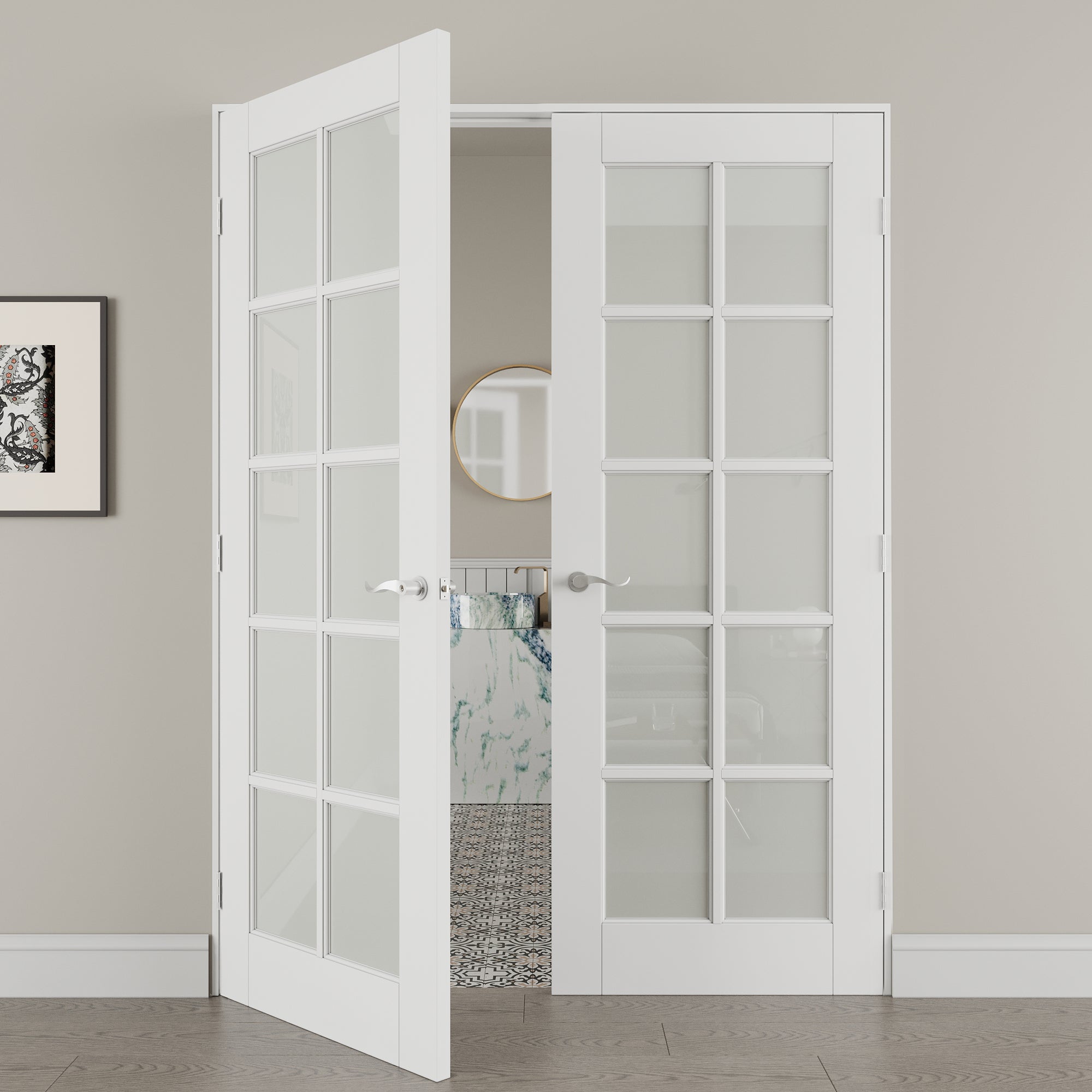 [Silver Hardware Prehung French Door Collection] 10-Lite Frosted Glass French Door with Sliver Hardware Kit & Ready-to-Assemble Jamb, Solid Core MDF Wood, White